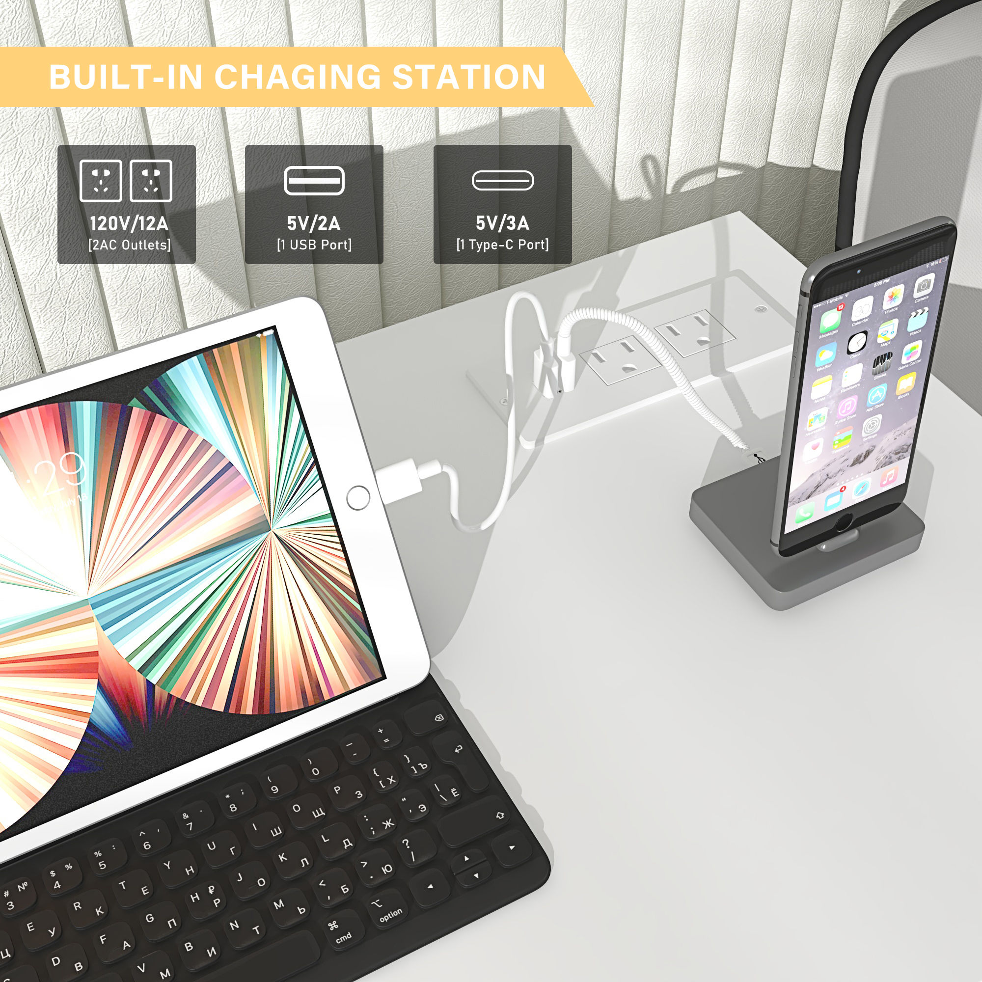 6/7 Drawers Dresser with Power Outlets, Wooden Dresser for Bedroom, Mid-Century Modern Closet Dresser for Living Room Hallway Entryway