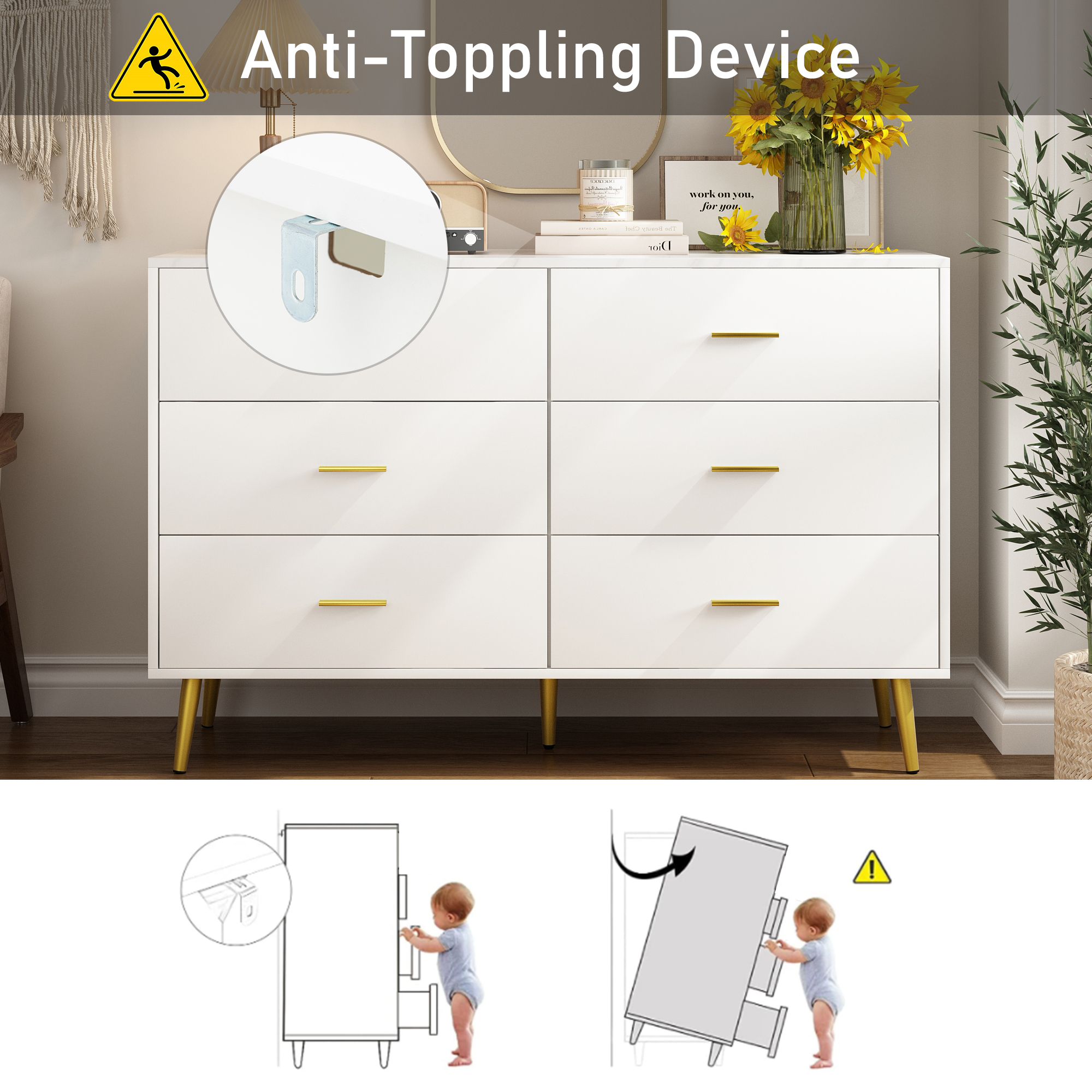 6/7 Drawers Dresser with Power Outlets, Wooden Dresser for Bedroom, Mid-Century Modern Closet Dresser for Living Room Hallway Entryway