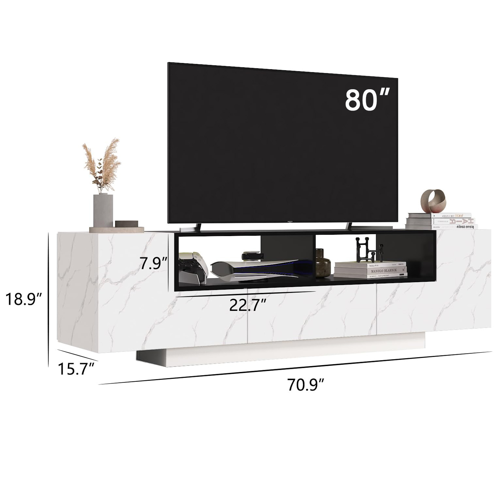ANPOO 70" LED TV Stand for TVs up to 80" with Cabinet, 2 Open Shelves, Modern Entertainment Center Television Media Console for PS5 (White Marble)