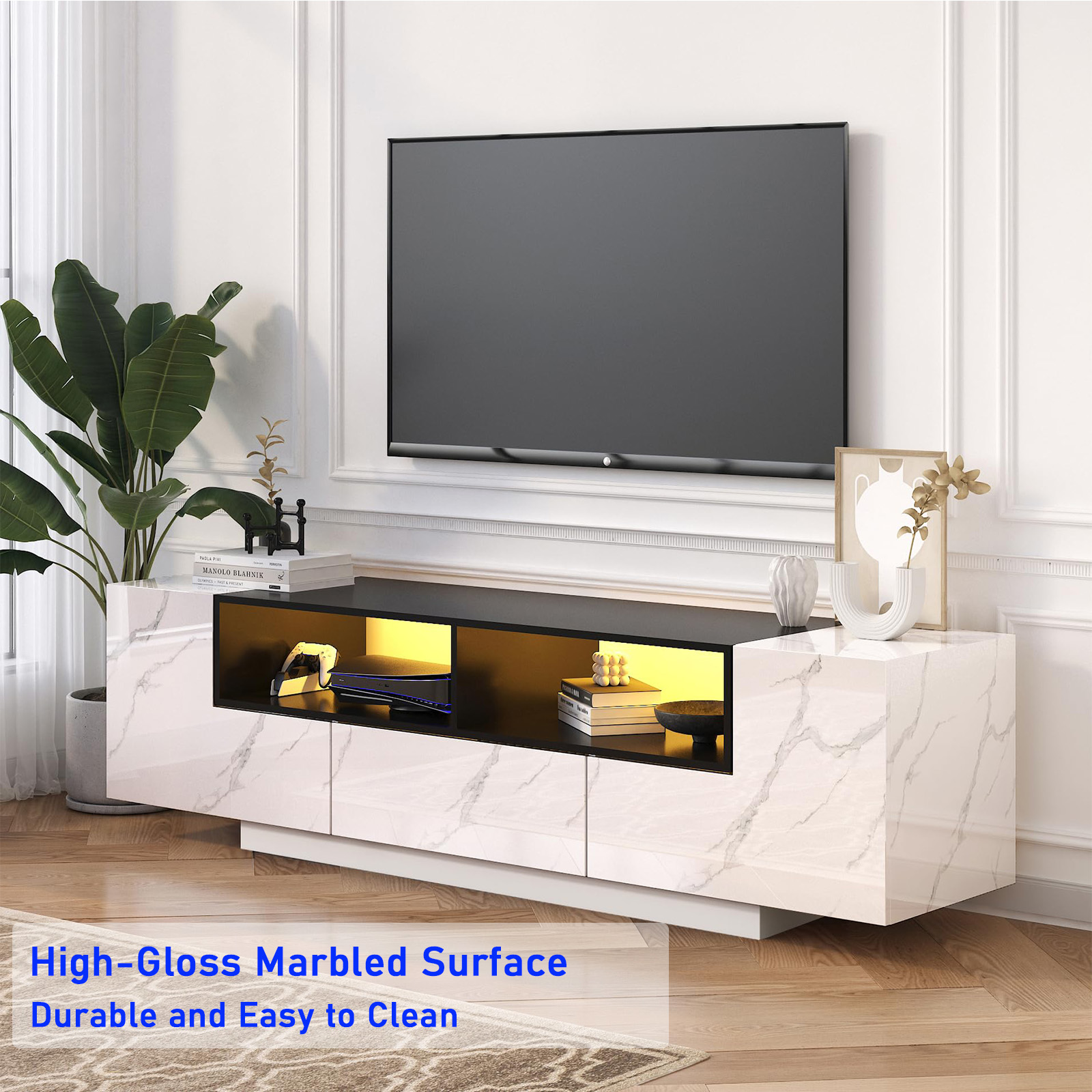 ANPOO 70" LED TV Stand for TVs up to 80" with Cabinet, 2 Open Shelves, Modern Entertainment Center Television Media Console for PS5 (White Marble)