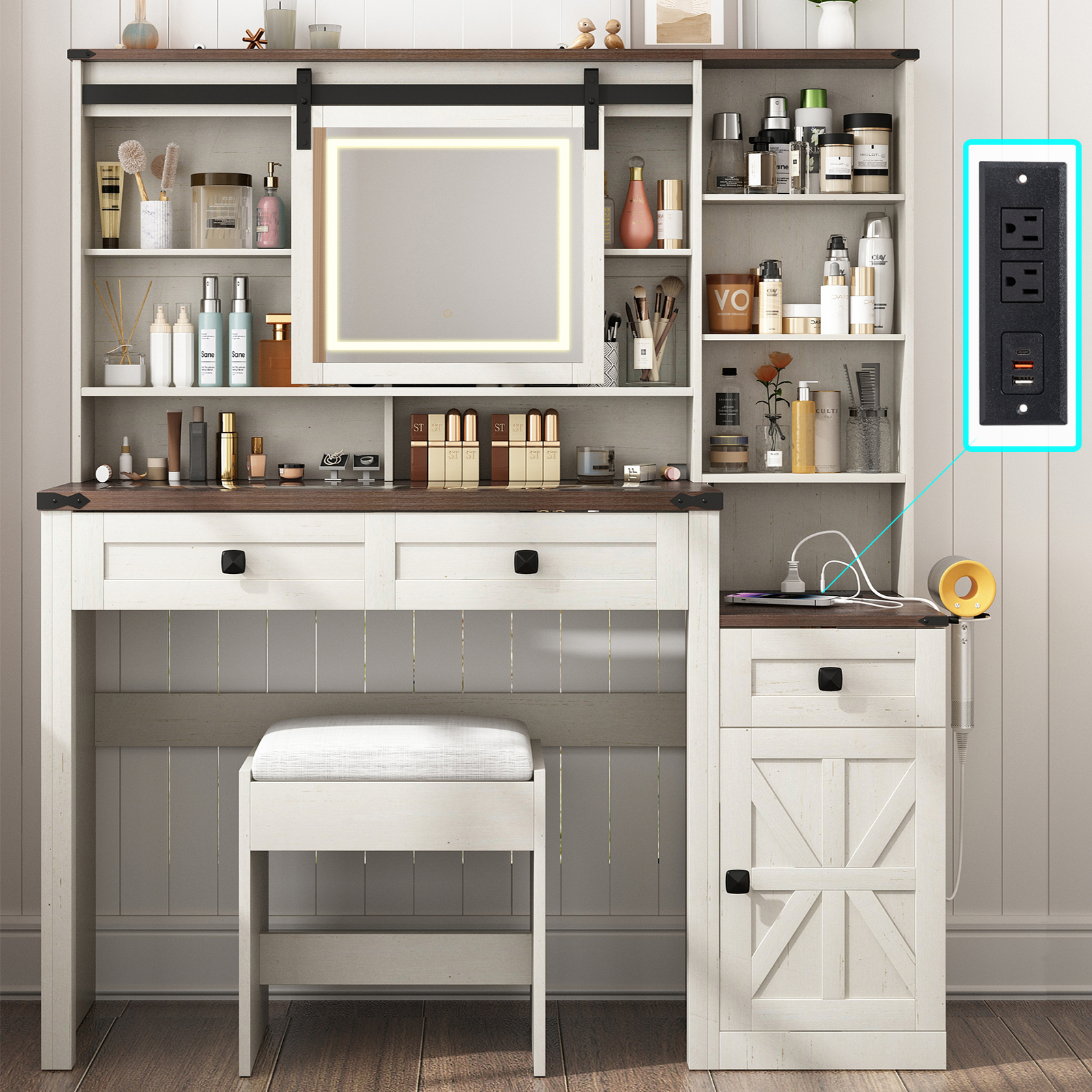 ANPOO 47'' Large Vanity Set with Stool, Farmhouse Makeup Vanity Desk with Sliding HD Mirror and Lights, Glass Tabletop Vanity Table with Charging Station, Barn Door Dressing Cabinets