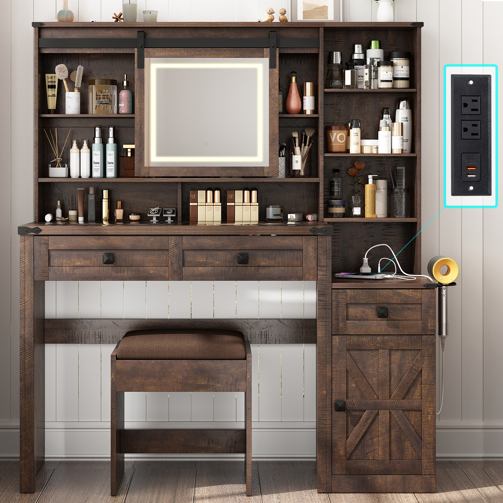 ANPOO 47'' Large Vanity Set with Stool, Farmhouse Makeup Vanity Desk with Sliding HD Mirror and Lights, Glass Tabletop Vanity Table with Charging Station, Barn Door Dressing Cabinets