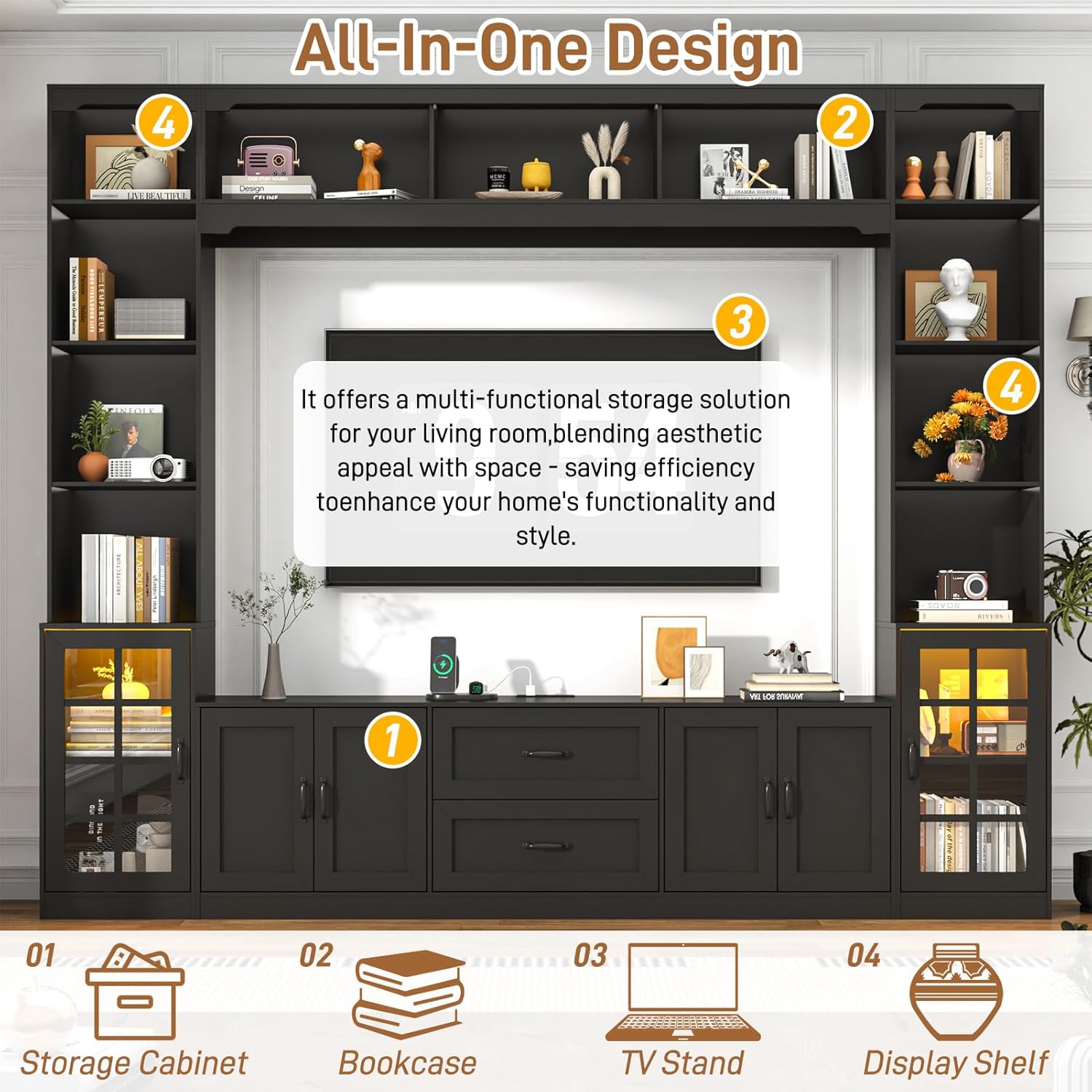 ChVans 103" W Wall Unit TV Stand with Storage for TVs up to 80", Modern TV Console with LED Lights, Entertainment Center with Bookshelves for Living Room