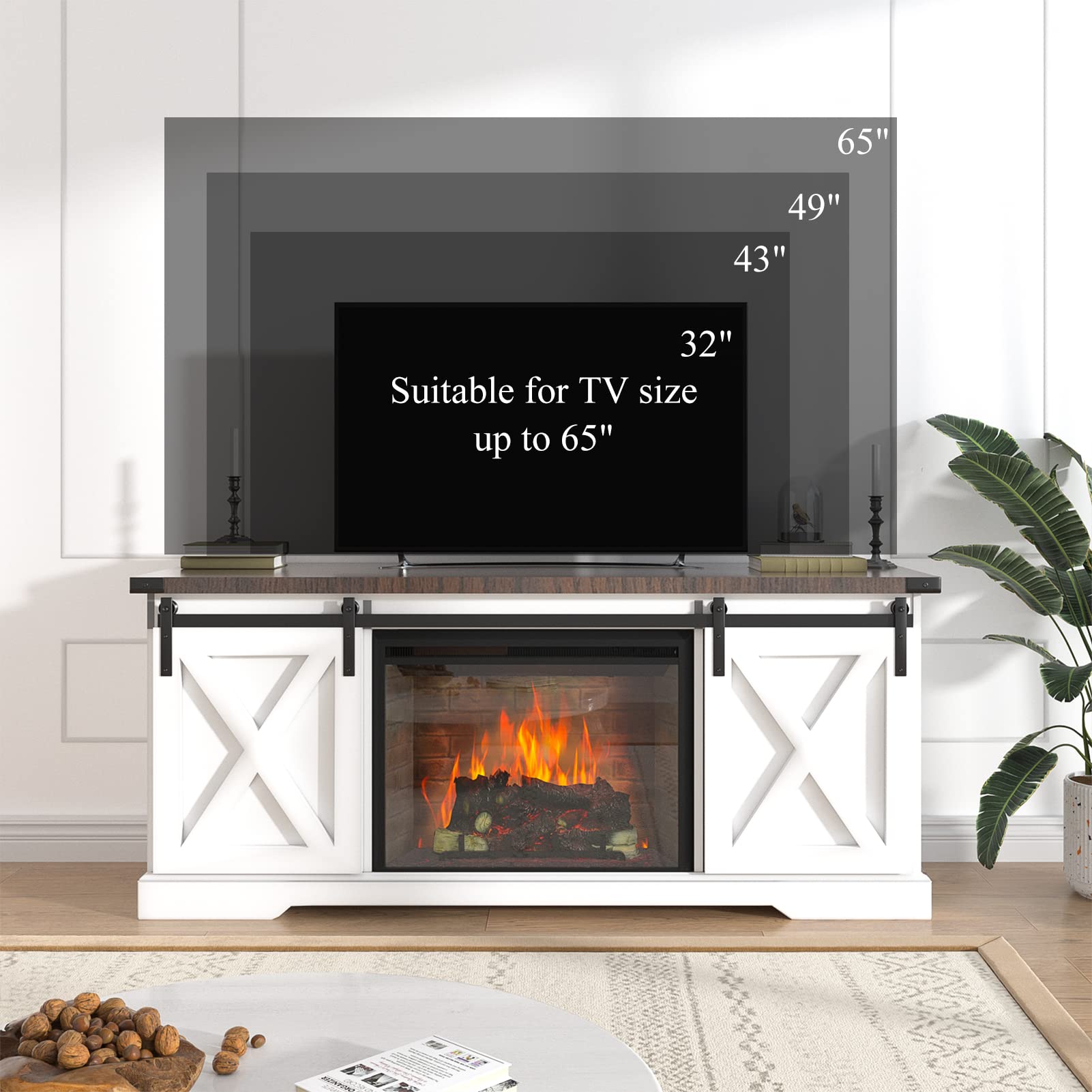 Chvans Farmhouse TV Stand for TVs up to 65 inch & 23" Electric Fireplace, Barn Door Entertainment Center Console Table with Adjustable Shevles