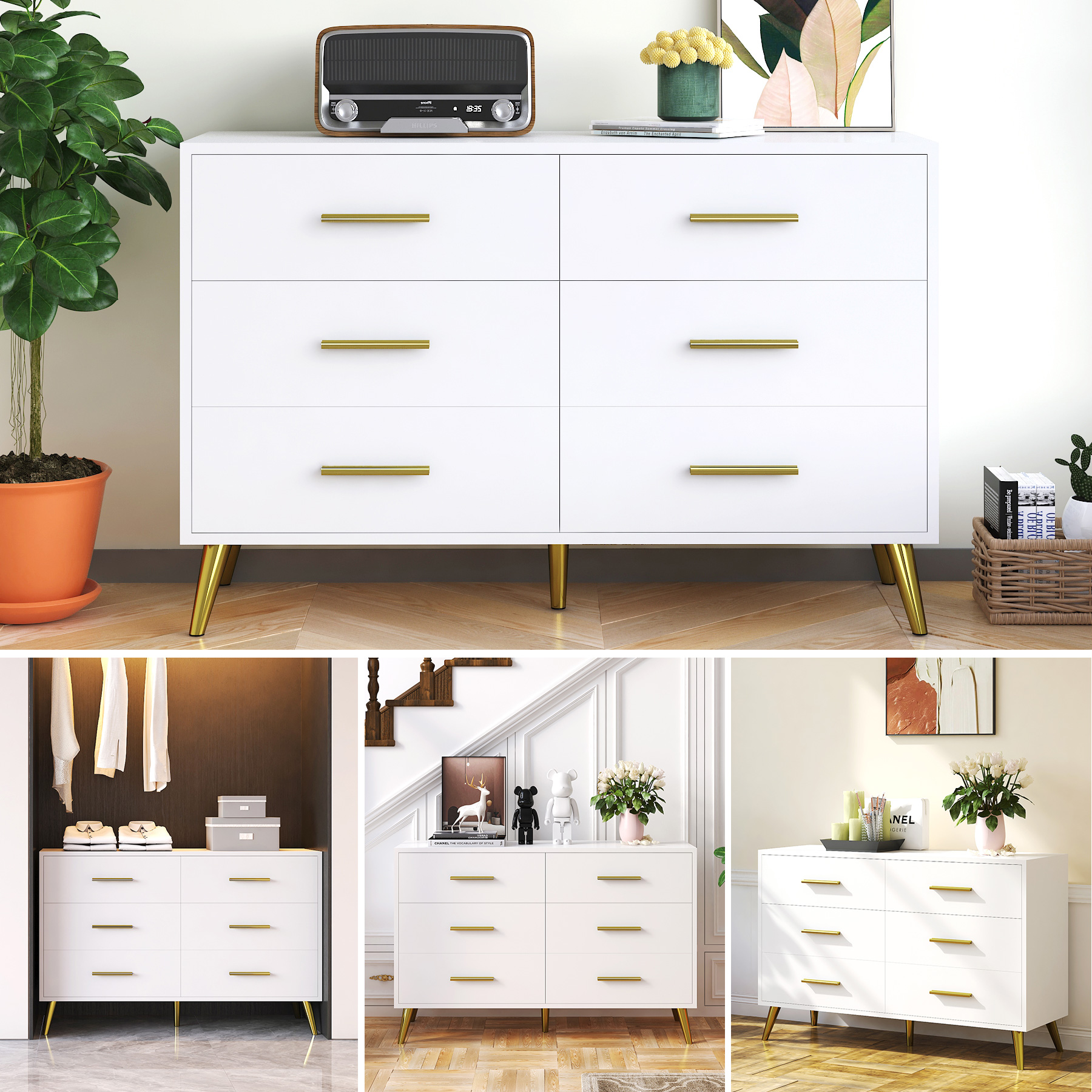 6/7 Drawers Dresser with Power Outlets, Wooden Dresser for Bedroom, Mid-Century Modern Closet Dresser for Living Room Hallway Entryway