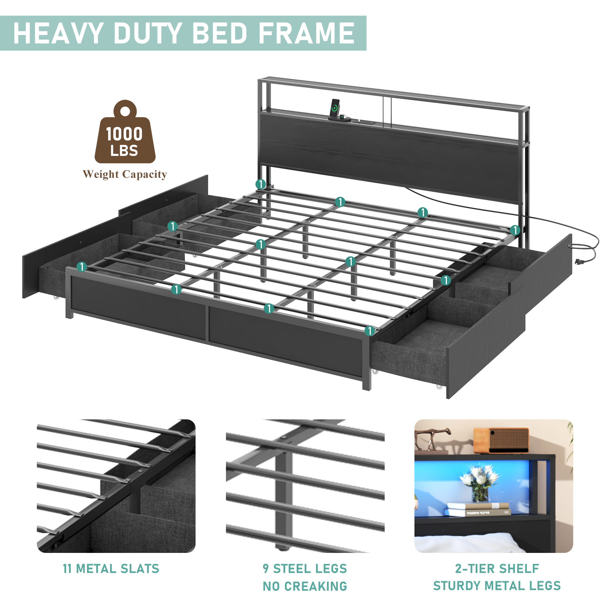 LED Bed Frame with Outlets USB Ports, Metal Platform Bed with Storage Headboard & 4 Large Drawers, No Box Spring Needed