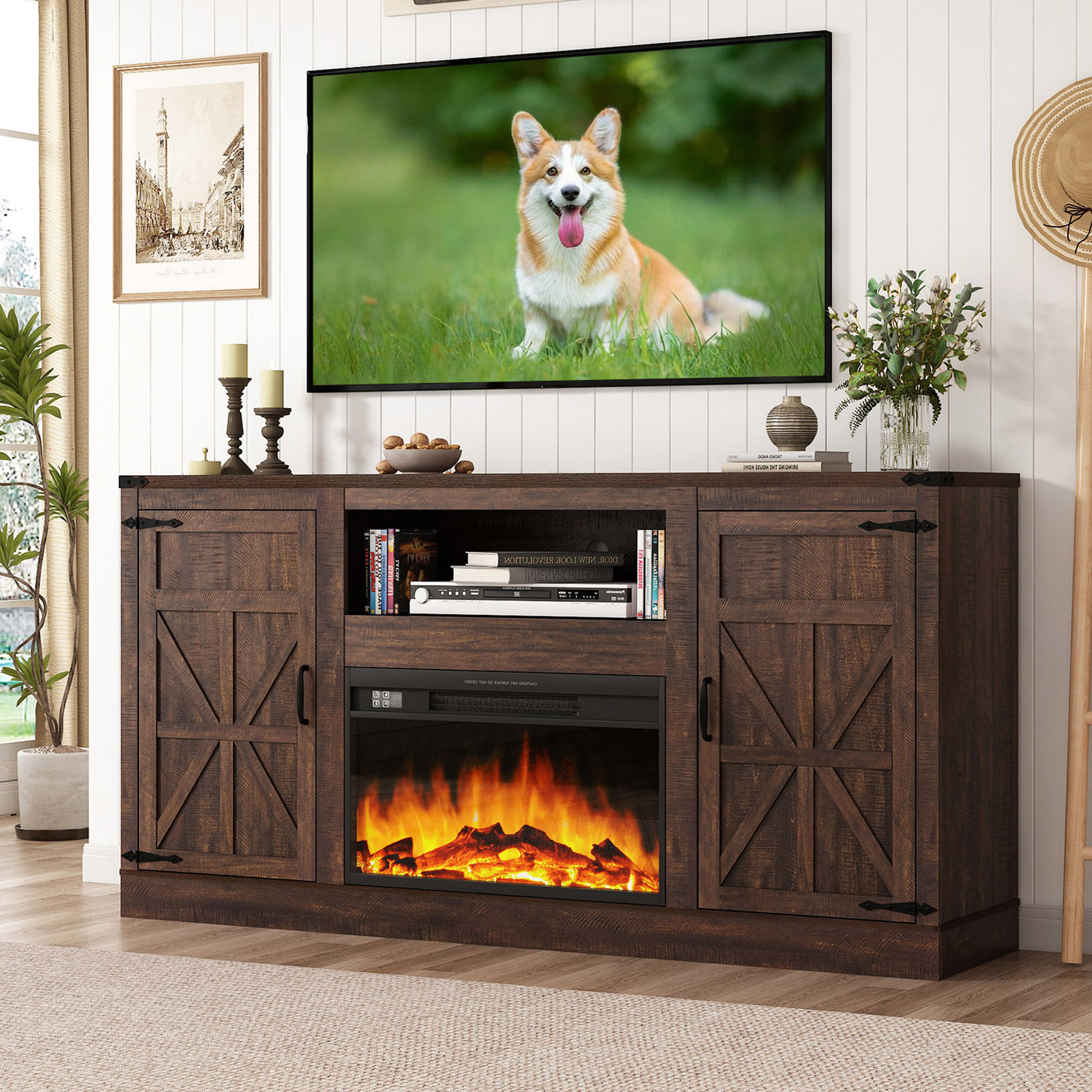 ChVans Farmhouse TV Stand with 26" Fireplace for 65"-75" TVs, 33" Tall Fireplace TV Entertainment Center Stand with Storage for Living Room