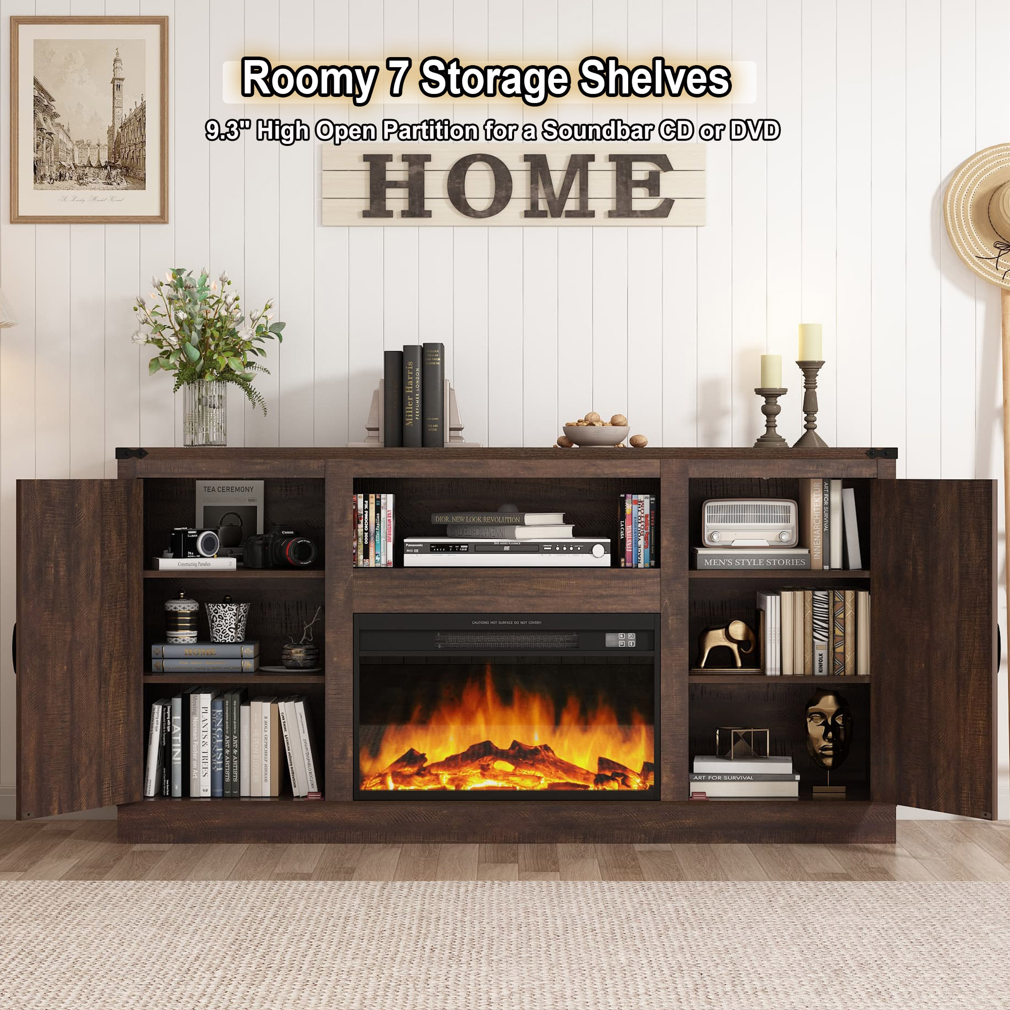 ChVans Farmhouse TV Stand with 26" Fireplace for 65"-75" TVs, 33" Tall Fireplace TV Entertainment Center Stand with Storage for Living Room