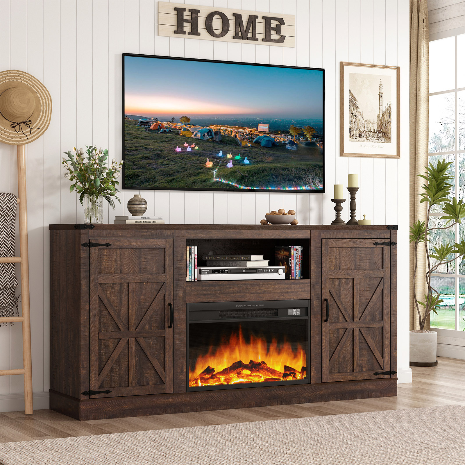 ChVans Farmhouse TV Stand with 26" Fireplace for 65"-75" TVs, 33" Tall Fireplace TV Entertainment Center Stand with Storage for Living Room