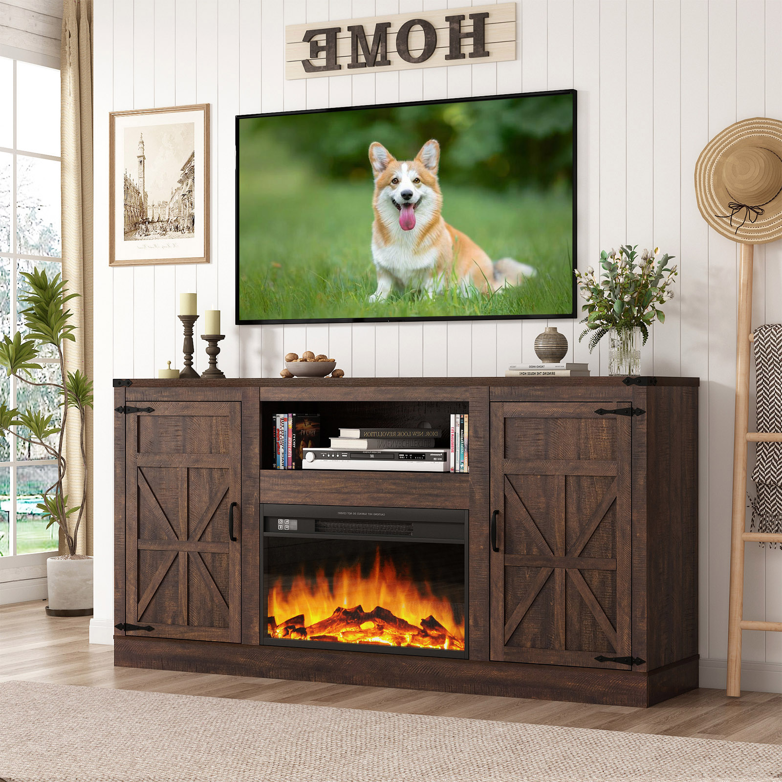ChVans Farmhouse TV Stand with 26" Fireplace for 65"-75" TVs, 33" Tall Fireplace TV Entertainment Center Stand with Storage for Living Room