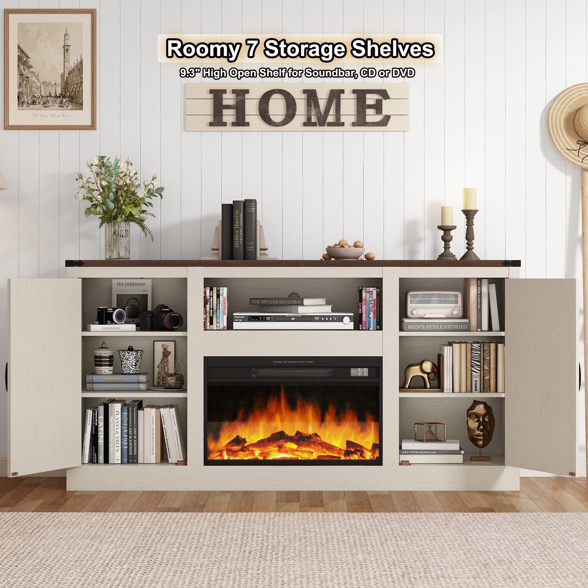ChVans Farmhouse TV Stand with 26" Fireplace for 65"-75" TVs, 33" Tall Fireplace TV Entertainment Center Stand with Storage for Living Room