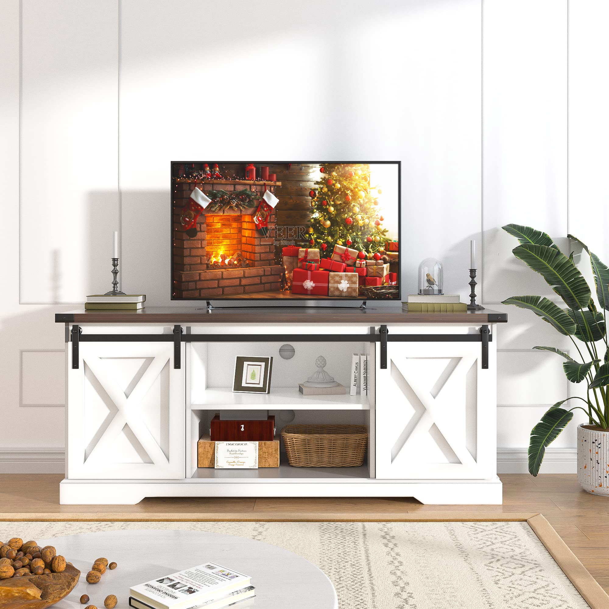 Chvans Farmhouse TV Stand for TVs up to 65 inch & 23" Electric Fireplace, Barn Door Entertainment Center Console Table with Adjustable Shevles