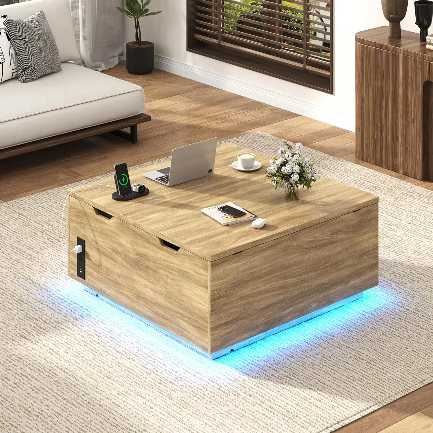 Lift Top Coffee Table with Led Light and Charging Station, 36" Modern Walnut finish Coffee Table with Large Hidden Space, Square Center Coffee Tables for Living Room, Office