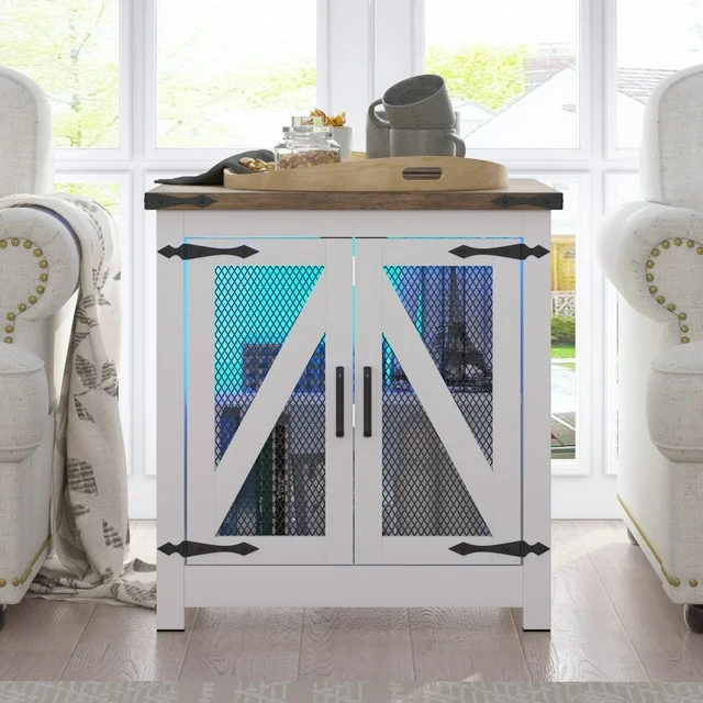 Farmhouse End Table, 24" Large Sofa Side Table with LED Lights & Charging Station, Mesh Barn Door, and Adjustable Storage Shelf, Rustic Wood Square Nightstand for Living Room, Bedroom, Office