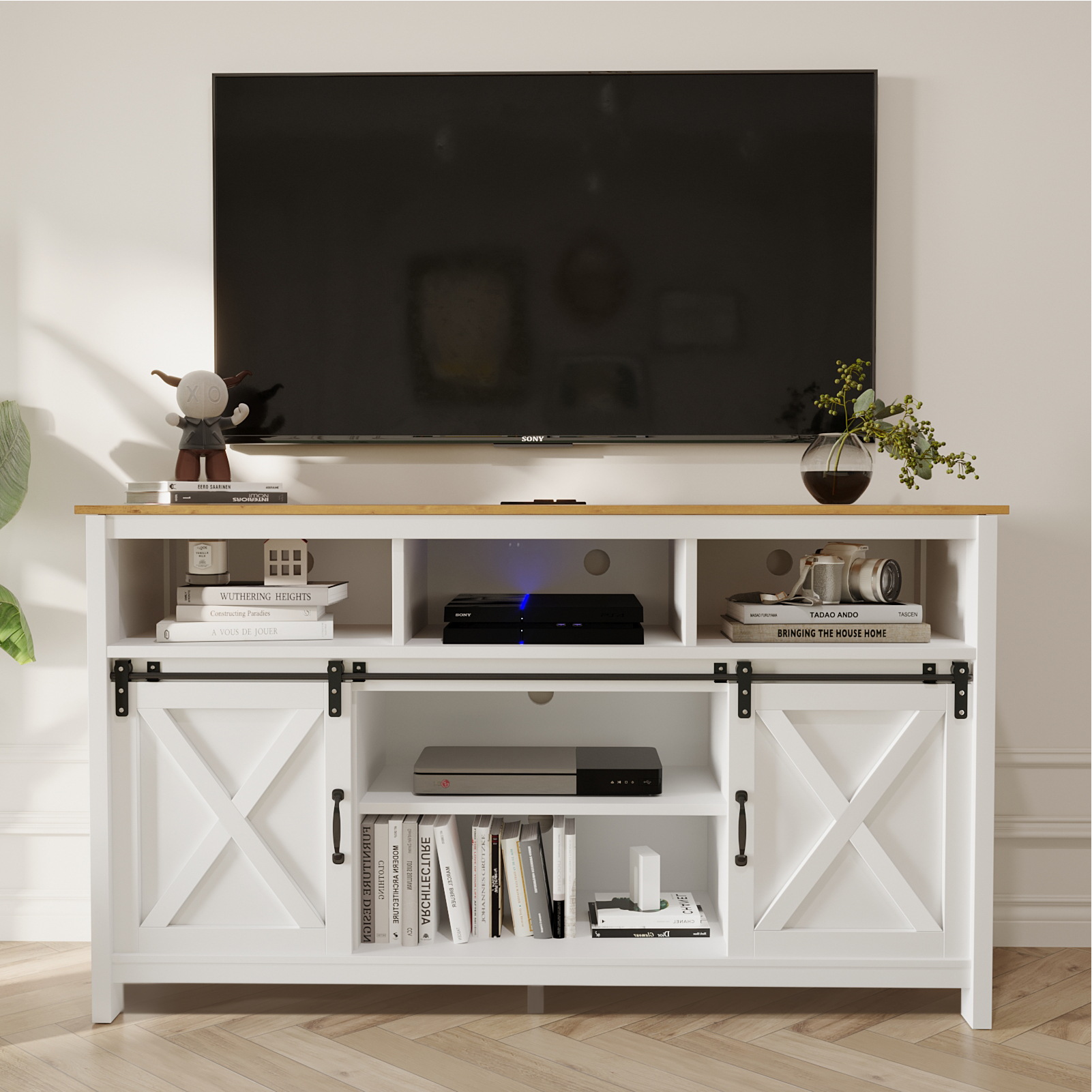 Farmhouse Barn Door TV Cabinet Up to 65" TV Media Console with Open Shelves Adjustable Storage, Entertainment Center with Power Outlets