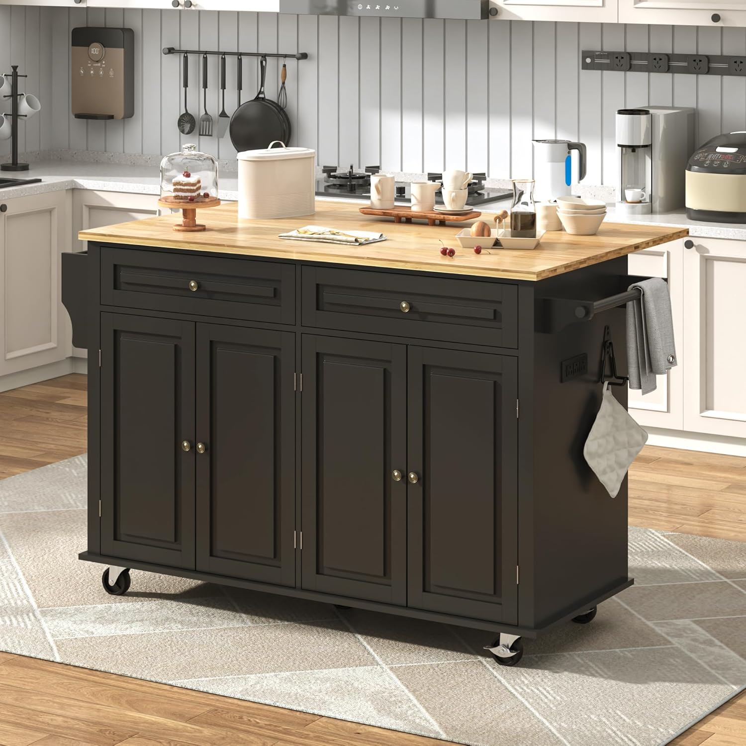 ChVans 59" W Kitchen Island with Drop Leaf, Rolling Kitchen Cart with Storage on Wheels, Large Island Table for Kitchen with Rubber Wood Top and Rack and Drawer