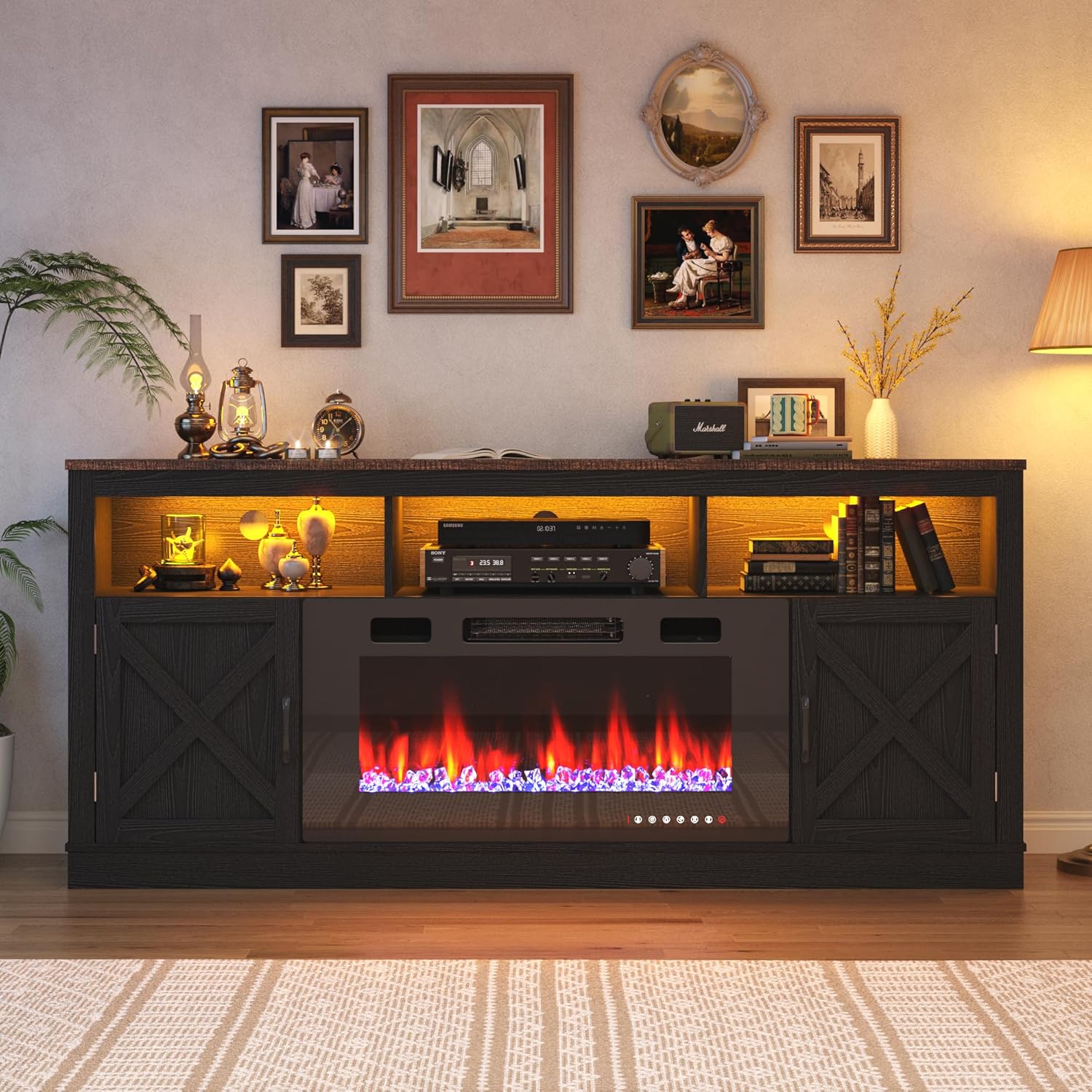 Fireplace TV Stand for 70/75/80 Inch TV with 36" Electric Fireplace, 70" Farmhouse Entertainment Center with LED Lights, Tall Media Console with Barn Door for Living Room, Bedroom