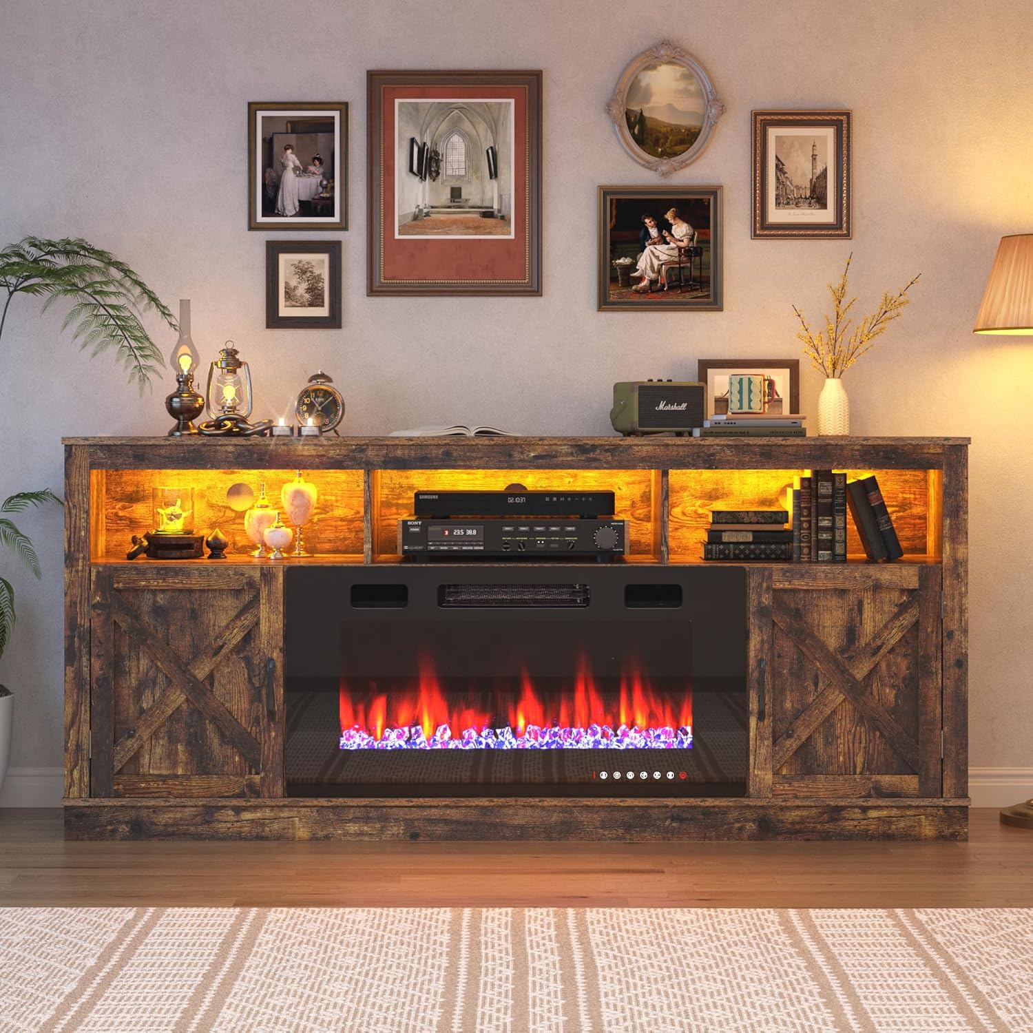 Fireplace TV Stand for 70/75/80 Inch TV with 36" Electric Fireplace, 70" Farmhouse Entertainment Center with LED Lights, Tall Media Console with Barn Door for Living Room, Bedroom