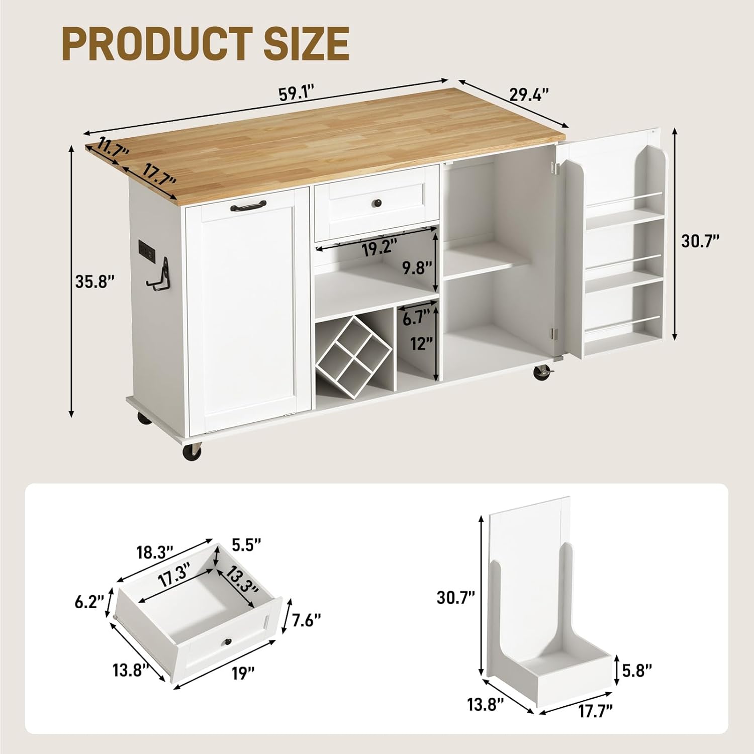 ChVans 59" Kitchen Island On Wheels, Rolling Kitchen Island Cart with Drop Leaf Countertop, Portable Mobile Kitchen Island with Towel Rack, Spice Rack Shelf and Lockable Wheels