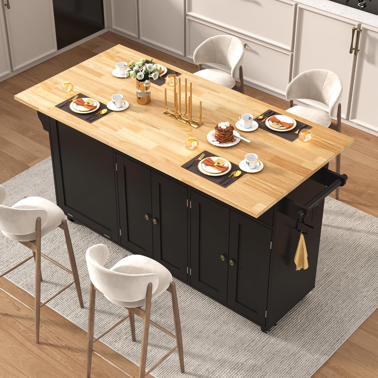 ANPOO 67" Rolling Kitchen Island with Drop Leaf, Tilt Out Kitchen Trash Cabinet 10 Gallon Storage, Kitchen Cart Island with Rubber wood Top, Spice Rack and Drawers