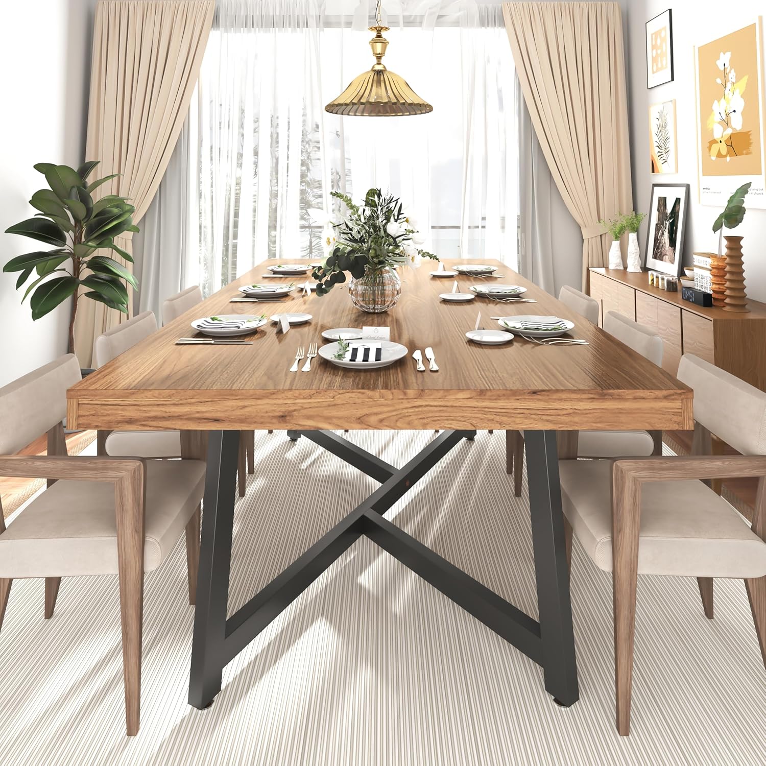 ChVans 71 Inch Farmhouse Dining Table for 4-8 People, Large Kitchen Table with Adjustable Heavy Duty Metal Leg, Rectangular Dining Table for Gathering, Kitchen, Dining Living Room