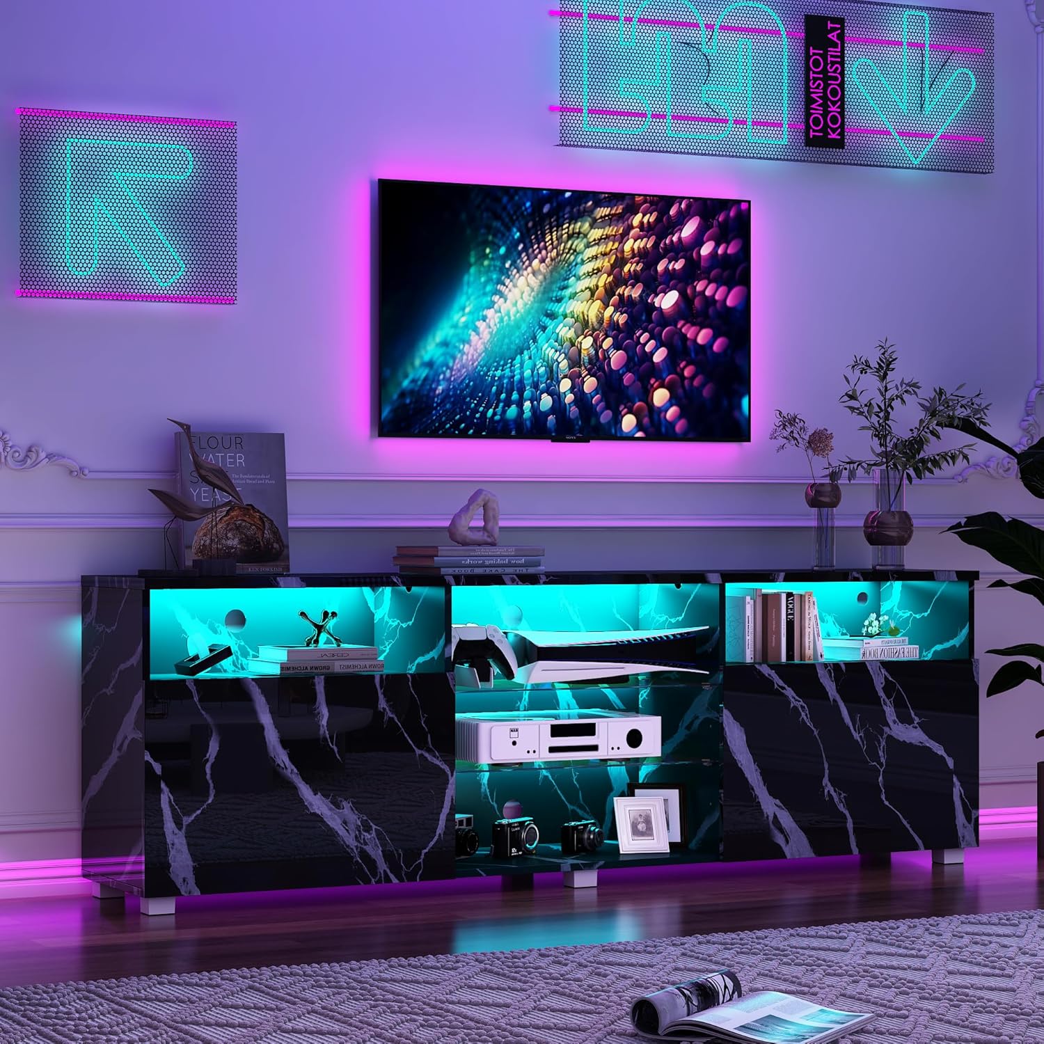 ANPOO LED TV Stand for 70/75/80 inch TV, High Glossy Entertainment Center with Drawer and Led Lights, Media Console for Living Game Room Bedroom