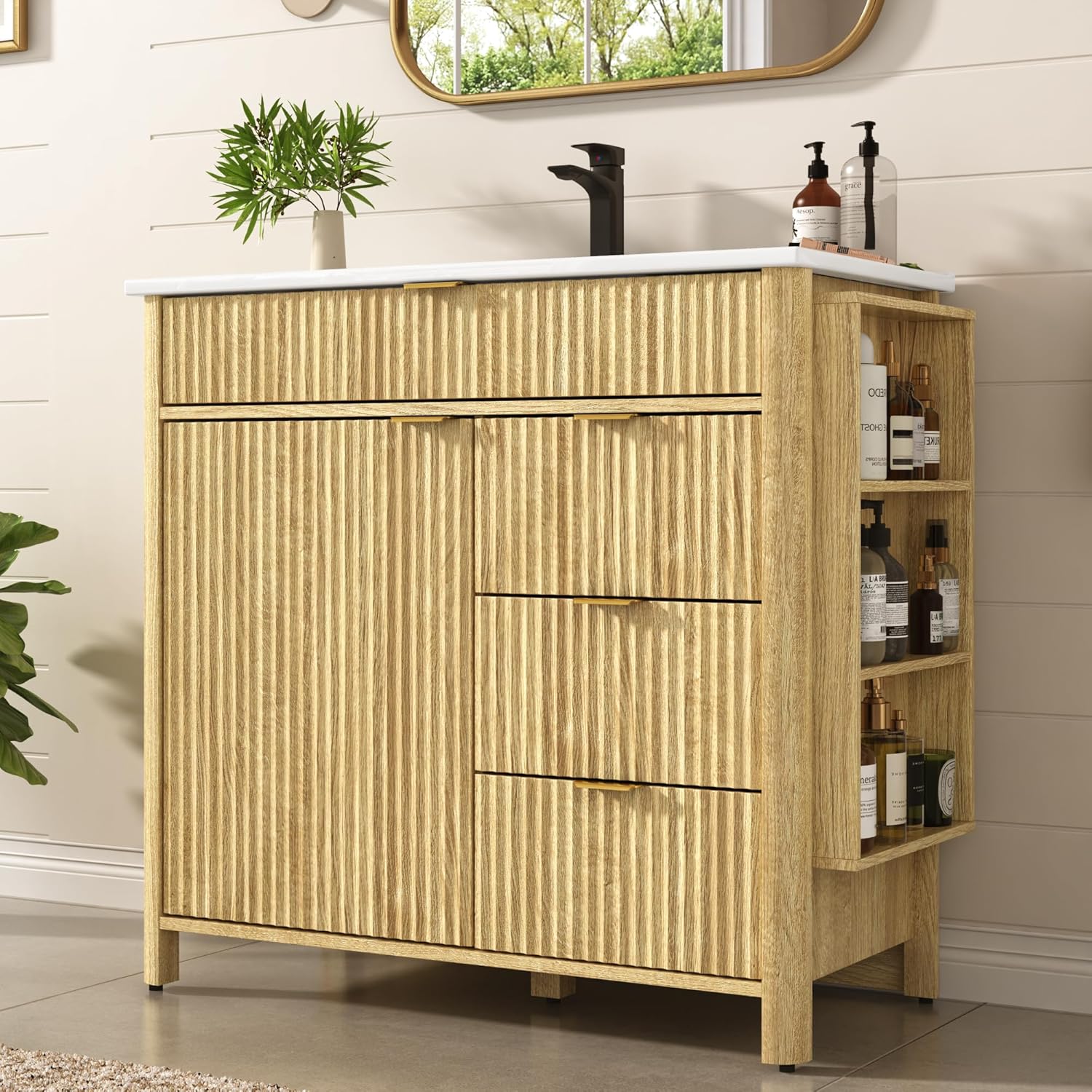 ANPOO 36" Bathroom Vanity with Sink & Faucet & Sewer Pipes, Mid-Century Modern Vanity with Ceramic Basin and Fluted Soft-Close Doors, Freestanding Bath Storage Vanity Sink Combo Set