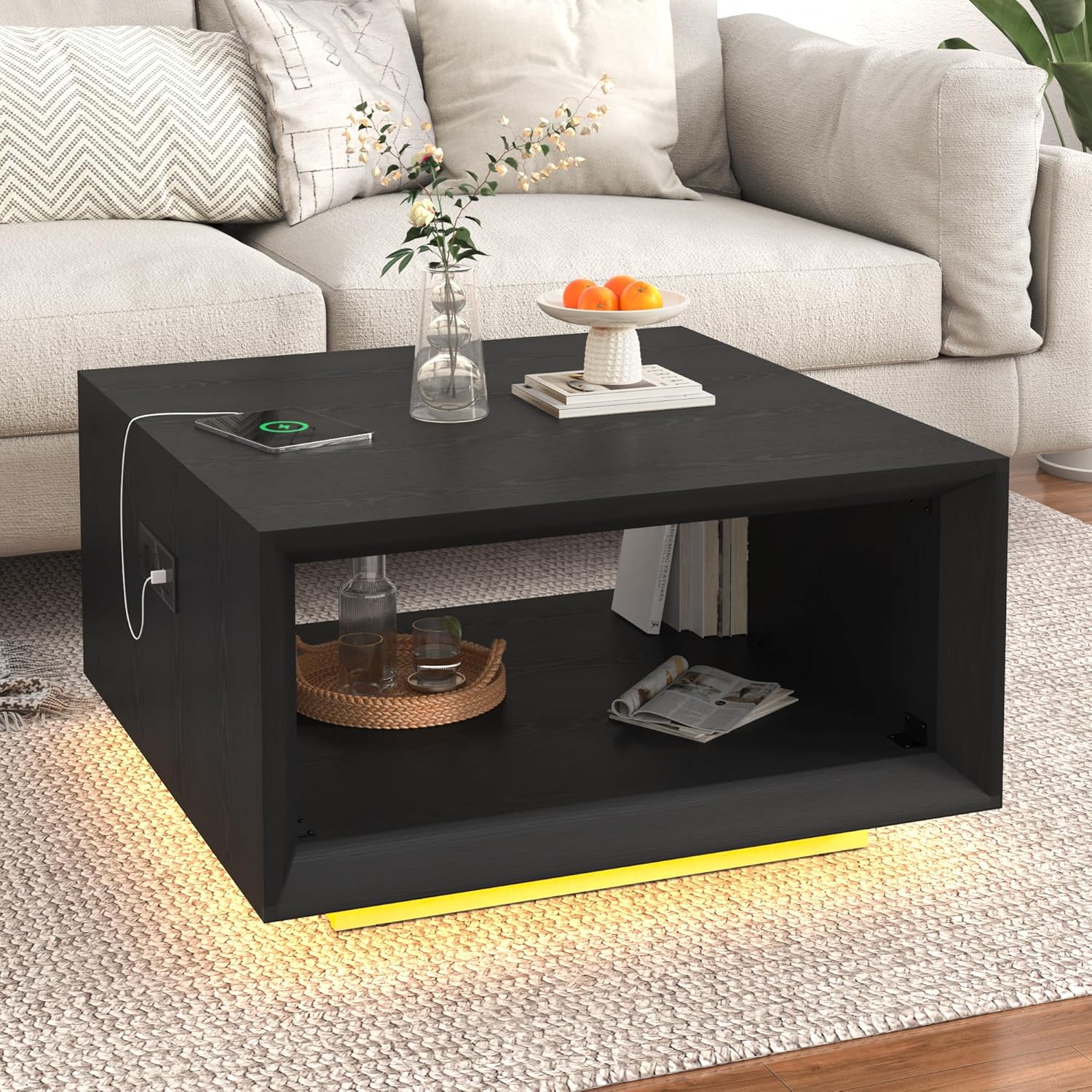 ANPOO 32" Mid Century Modern Square Coffee Table with LED Light & Power Outlet, 2-Tier Wood Cocktail Table with Storage for Living Room