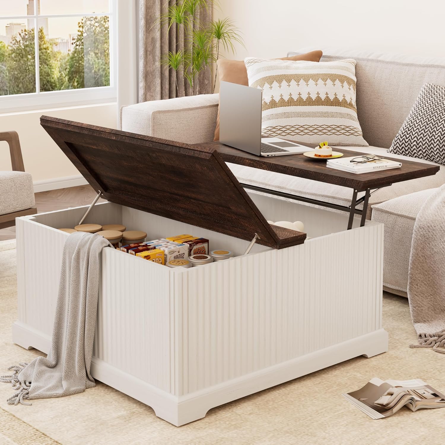 ANPOO Farmhouse Lift Top Coffee Table with Hidden Large Storage, 35.8 Inch Fluted Wood Square Center Table for Living Room, Bedroom, Home Office