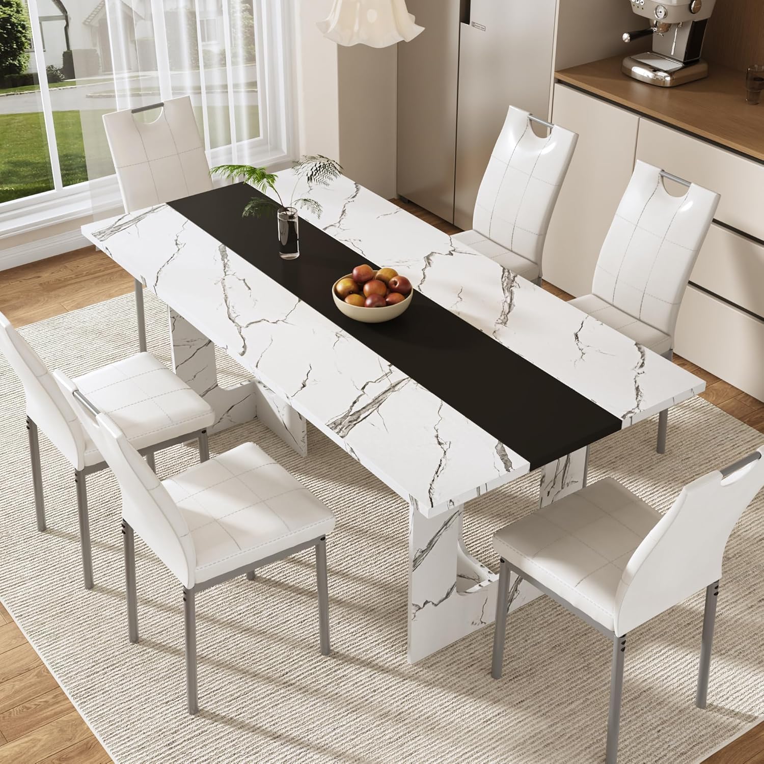 ANPOO 7 Piece Dining Table Set with 6 Chairs, 71" Kitchen Table & Chairs Set for 4-8 People, Rectangle Dining Table with Wooden Legs for Dining Room, Living Room