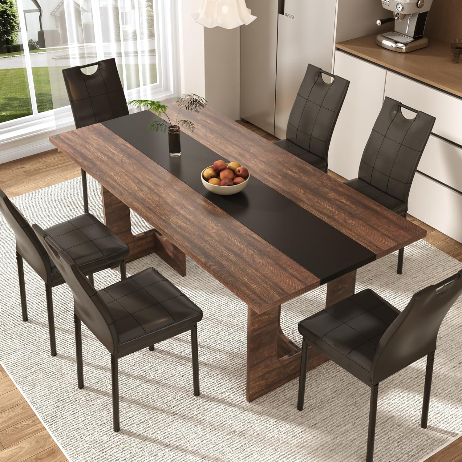 ANPOO 7 Piece Dining Table Set with 6 Chairs, 71" Kitchen Table & Chairs Set for 4-8 People, Rectangle Dining Table with Wooden Legs for Dining Room, Living Room
