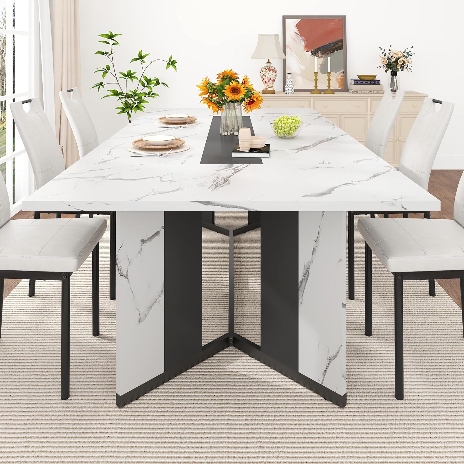 ANPOO 7-Piece Kitchen Dining Set for 4-8 People, 71" Rectangle Waterproof Wooden Table with 6 Chairs, Easy Clean Farmhouse Dining Table for Dining Room & Kitchen