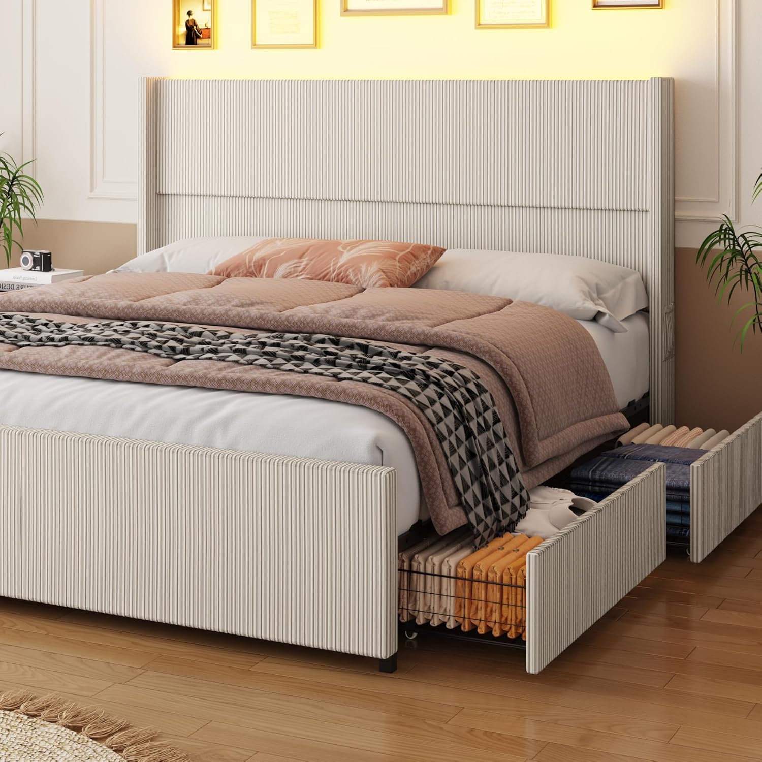 ANPOO Queen Size LED Upholstered Bed Frame with Drawer, Wingback Platform Bed Frame with 52" Headboard & Footboard, Corduroy Bed Frame No Box Spring Needed/Noise Free