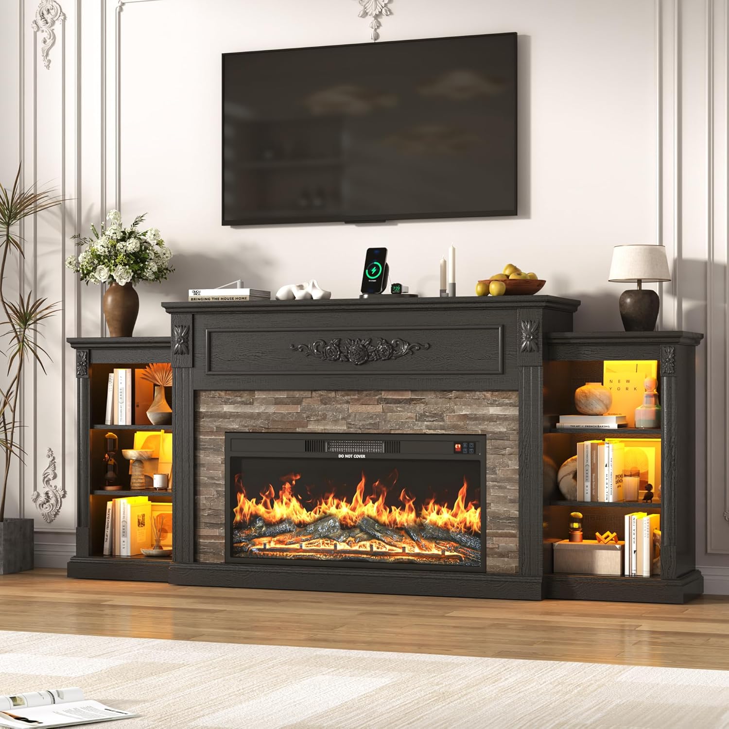 ANPOO 85" Electric Fireplace with Mantel, Fireplace TV Stand with 36" Fireplace for TVs Up to 95 Inch, 37.6" Tall Farmhouse Entertainment Center with LED Lights & Charging Station, Carved Decoration