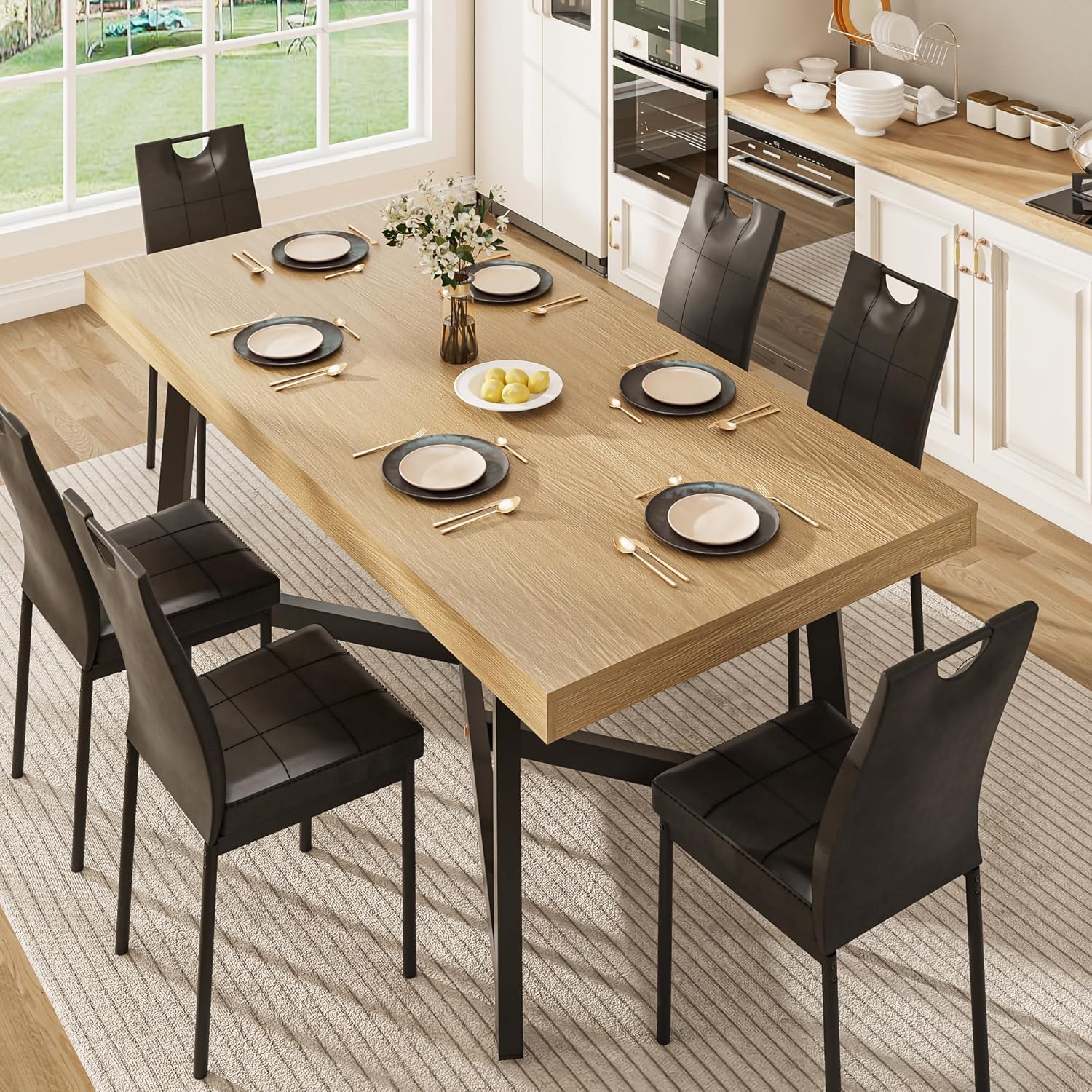 ANPOO 7 Pieces Dining Table & Chairs Set for 4-8 People, 71 Inch Kitchen Table with 6 Chairs, Rectangle Dining Table with Metal Legs for Dining Room, Living Room