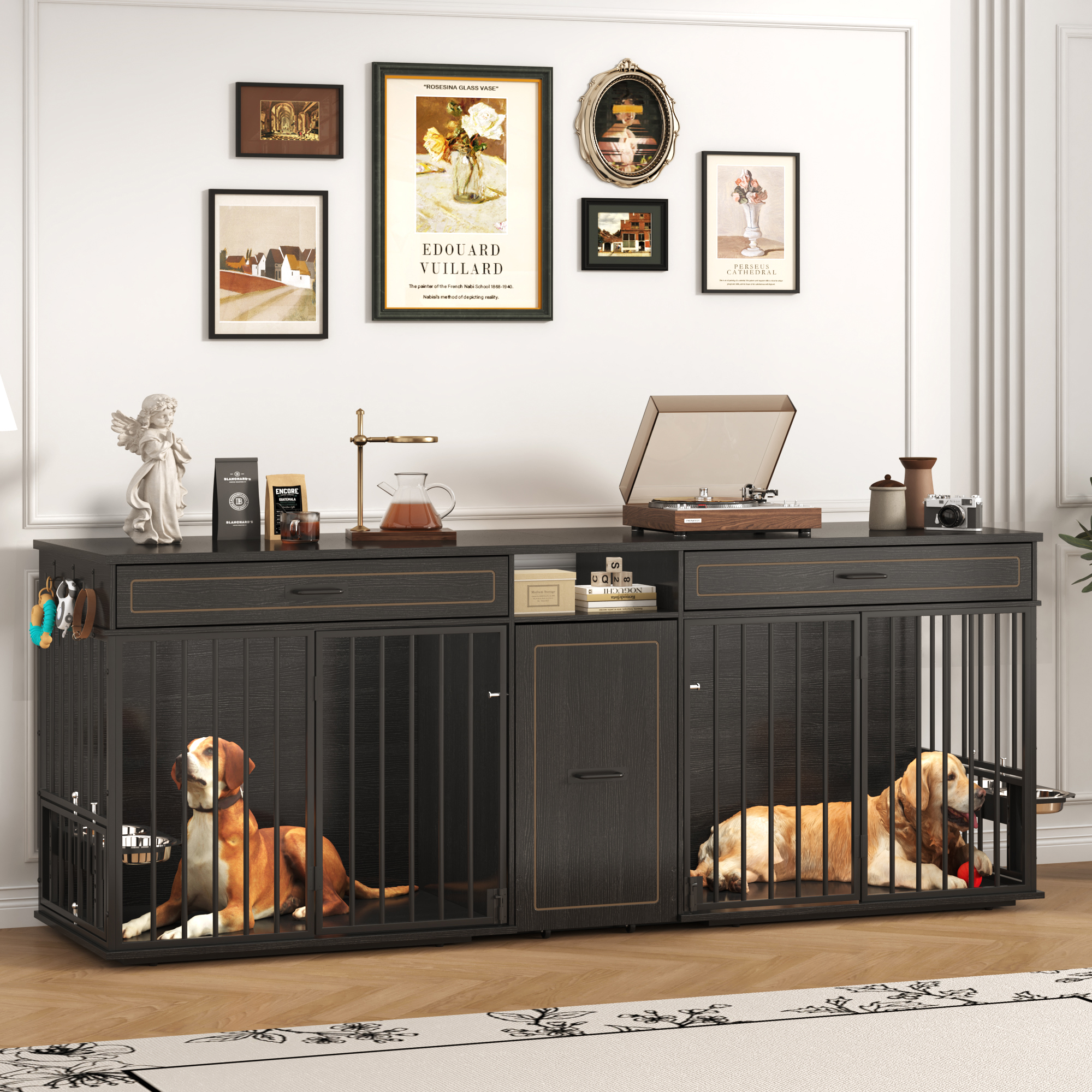 86.6" Dog Crate Furniture TV Stand for Large Breed Dogs, Wooden Kennel with Dual rooms, Dog Bowl, 2 Drawers &  Cabinet for Medium-Large Dogs