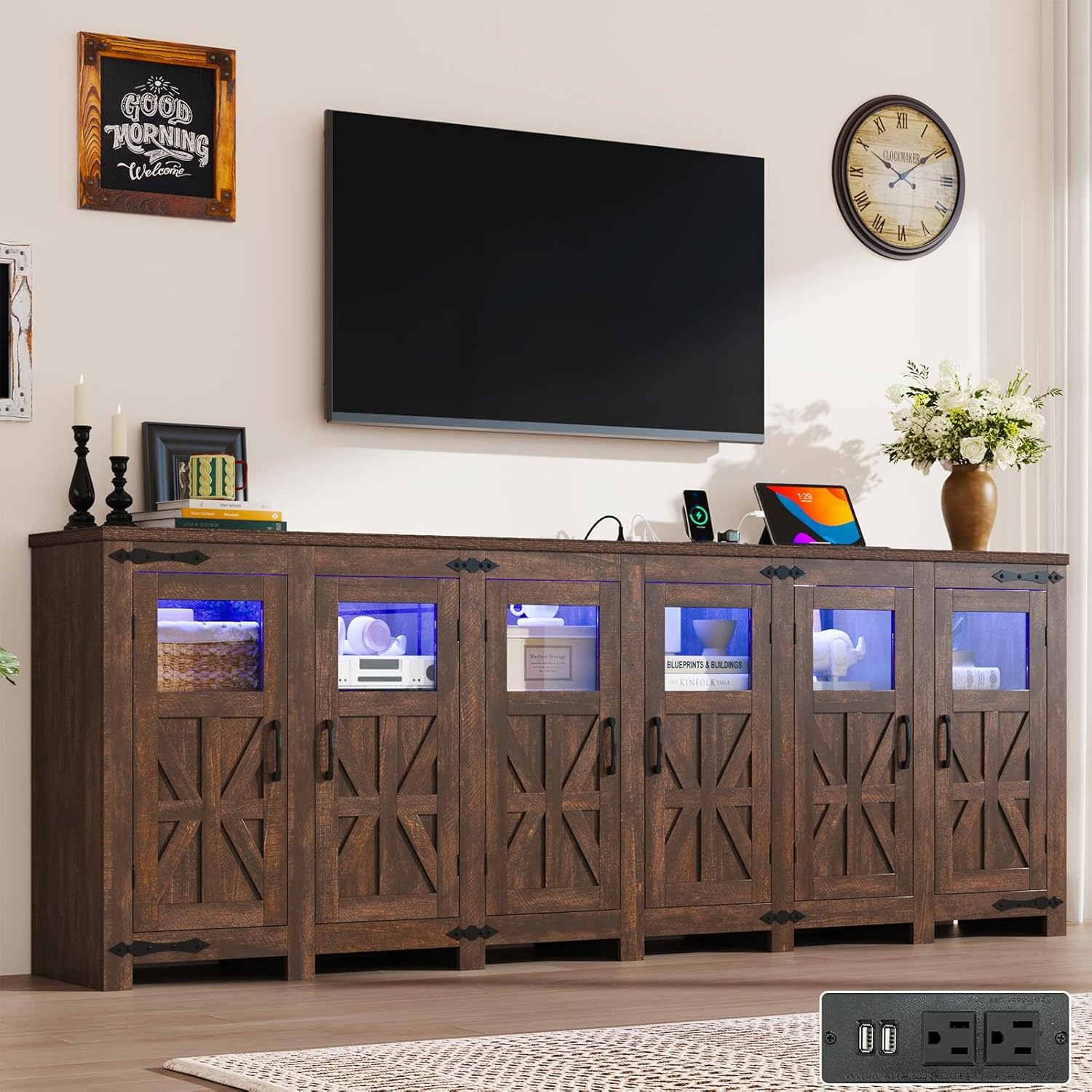 ChVans LED Farmhouse TV stand for up to 85" TVs with Power Outlet, 74" Large Entertainment Center Console Table, 33.5" Tall Rustic Media Console w/Storage Shelves for Living Room