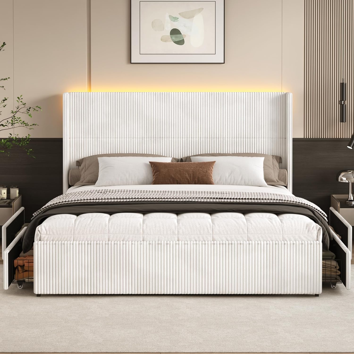 ChVans King Size LED Upholstered Bed Frame with Drawer, Wingback Platform Bed with 52" Headboard, Noise-Free Corduroy Bed No Box Spring Required
