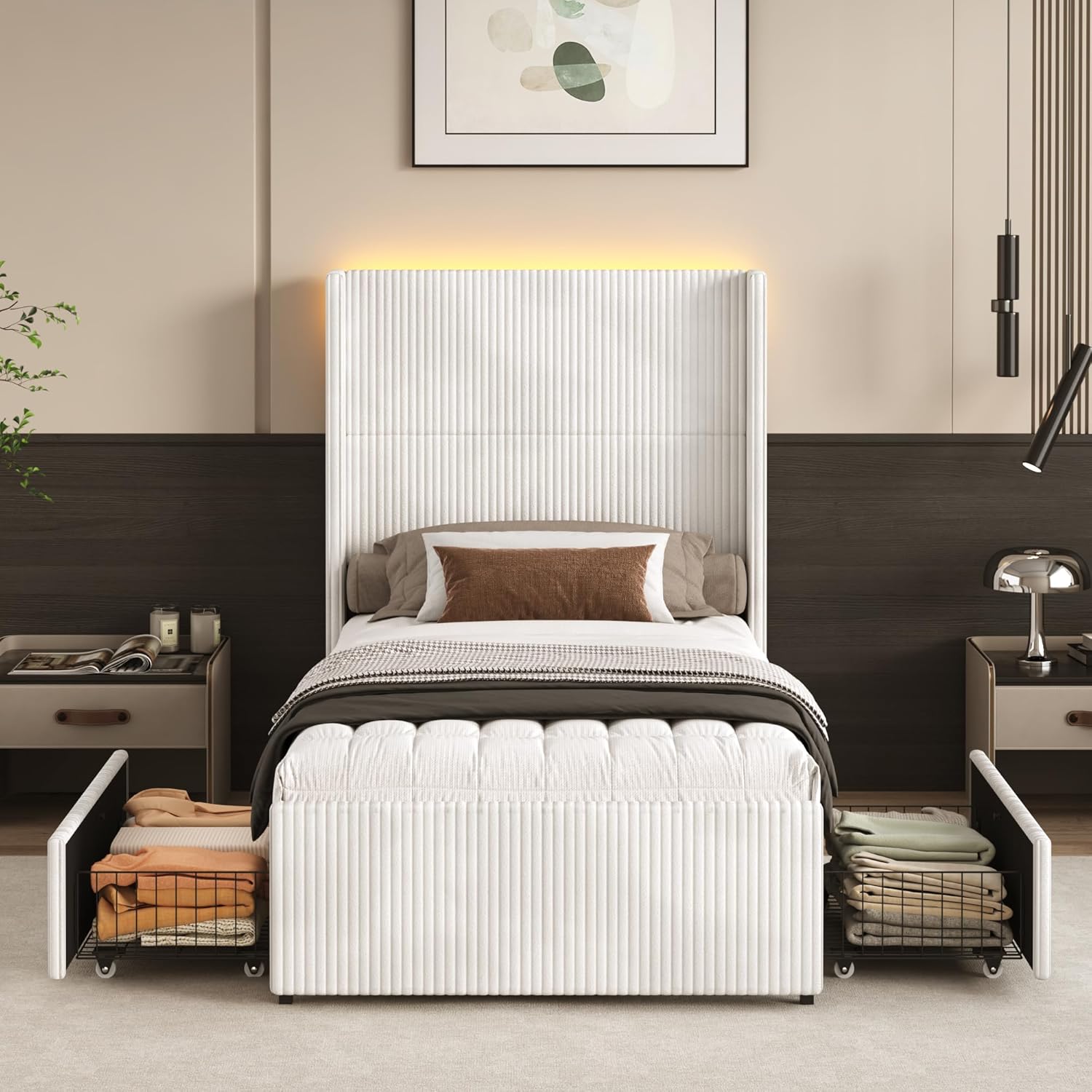 ChVans King Size LED Upholstered Bed Frame with Drawer, Wingback Platform Bed with 52" Headboard, Noise-Free Corduroy Bed No Box Spring Required