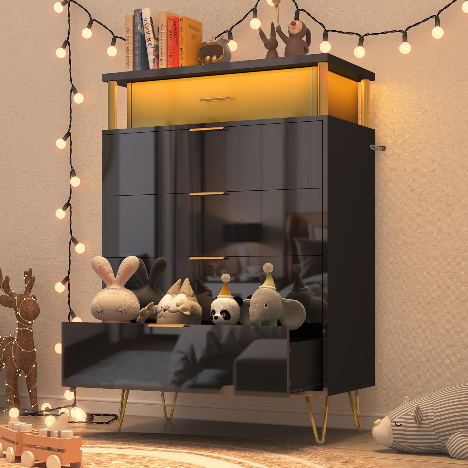 ChVans Black Dresser with LED Lights for Bedroom, Black Tall Closet Storage 5 Drawer Dresser, Chest of Drawers for Bedroom, Living Room, Hallway