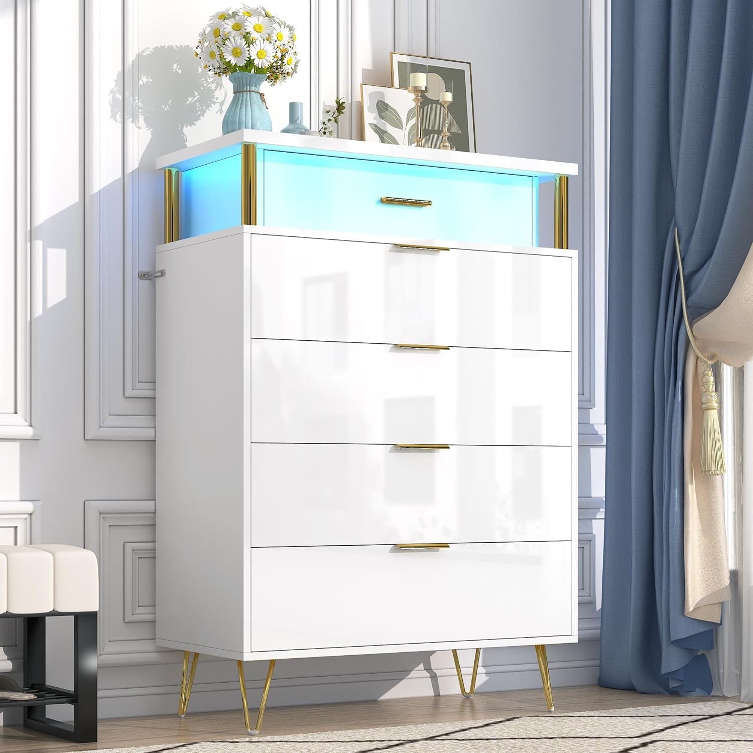 ChVans Black Dresser with LED Lights for Bedroom, Black Tall Closet Storage 5 Drawer Dresser, Chest of Drawers for Bedroom, Living Room, Hallway
