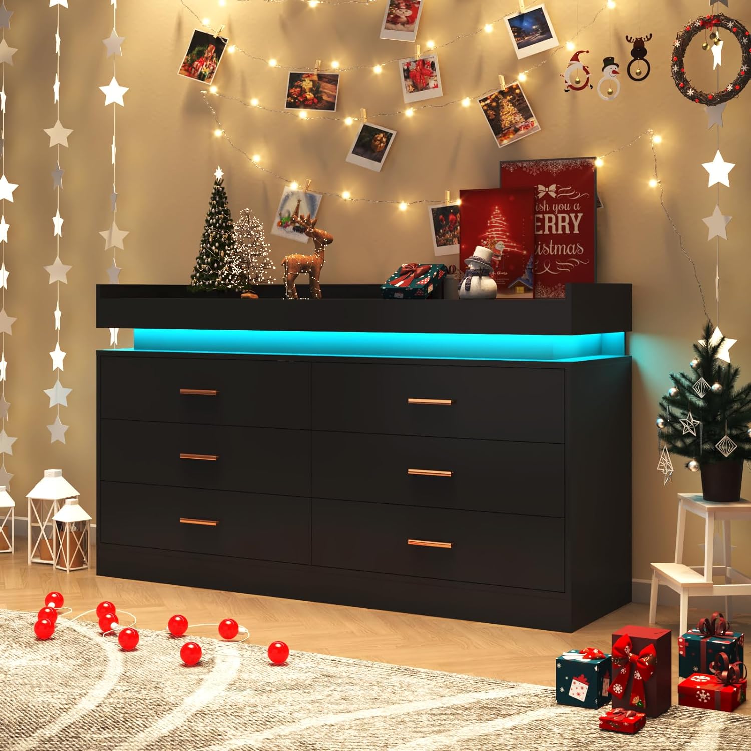 White Dresser with LED Light, Modern Wood Dresser with Wide Drawers and Metal Handles, 6 drawer dresser for Bedroom, Living Room, Entryway, Hallway
