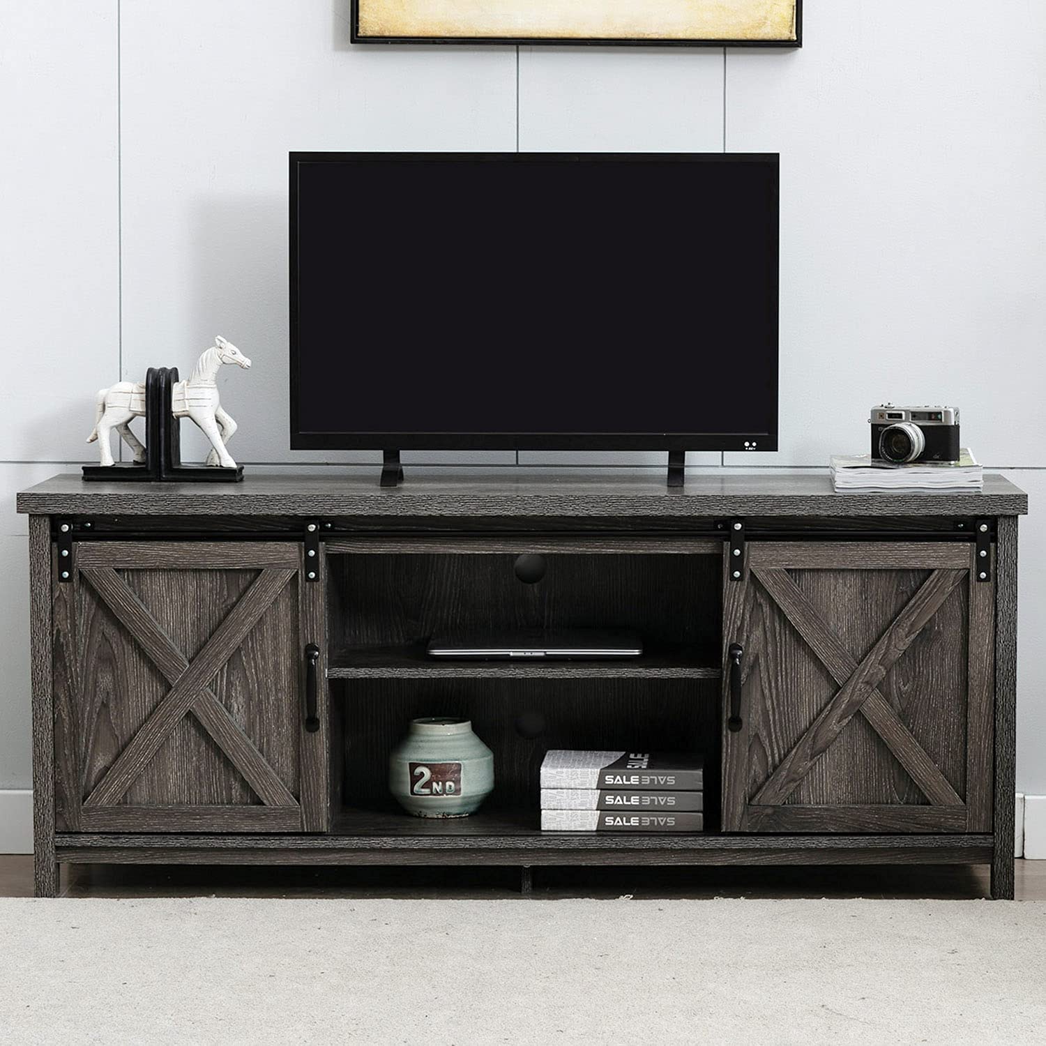 58" Farmhouse Sliding Barn Door TV Stand for TVs up to 65" Television Cabinet(Dark gray), Wood, Metal