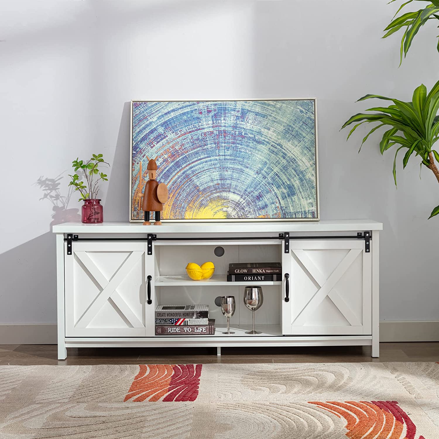 58" Farmhouse Sliding Barn Door TV Stand for TVs up to 65" Television Cabinet(Dark gray), Wood, Metal