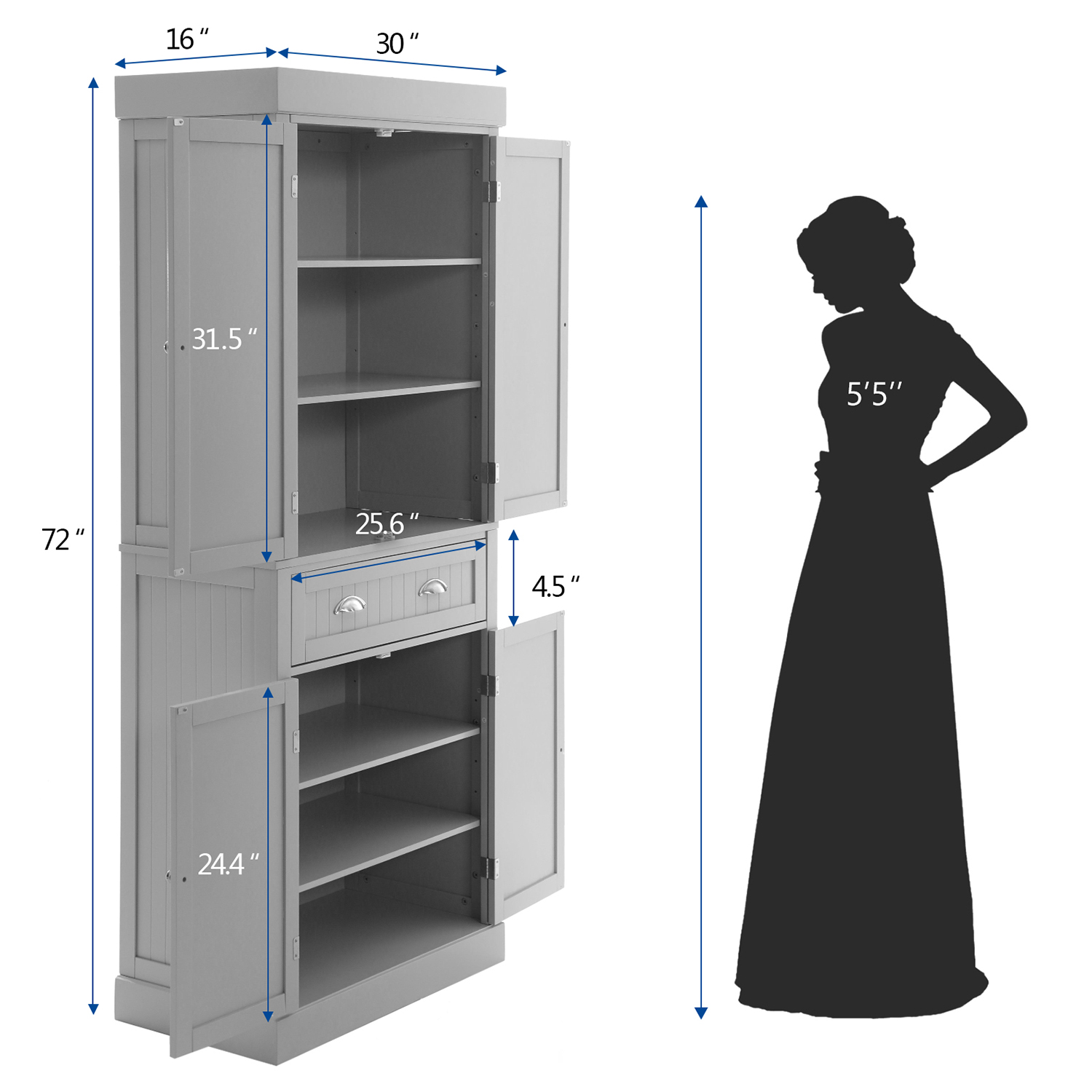 Kitchen Pantry Storage Cabinet, 72" Traditional Kitchen Pantry Cabinet, 6-Tier Freestanding Buffet Cupboards for Kitchen Storage