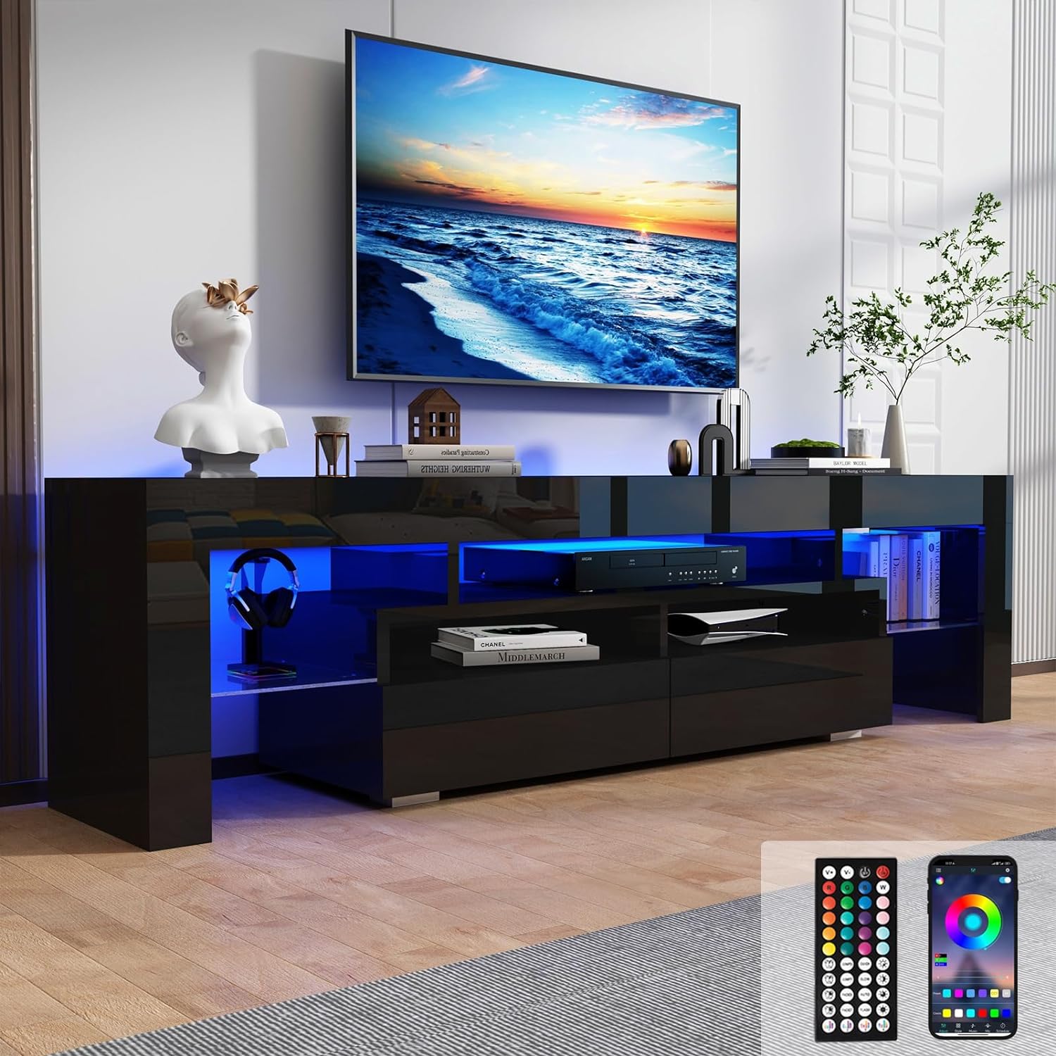 ChVans LED TV Stand for 65/75/85 inch TV, High Glossy Modern Entertainment Center with Drawer and LED Lights
