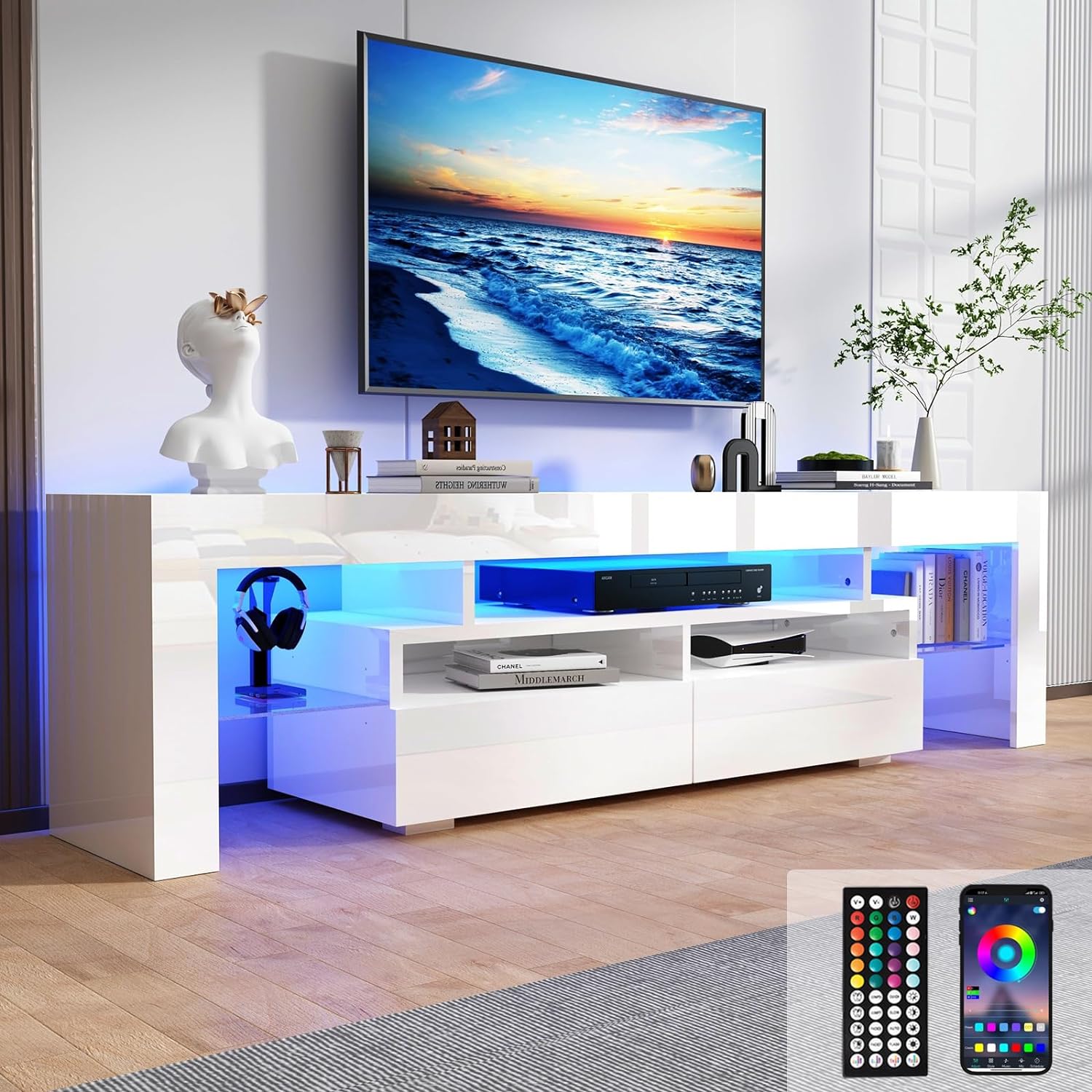 ChVans LED TV Stand for 65/75/85 inch TV, High Glossy Modern Entertainment Center with Drawer and LED Lights