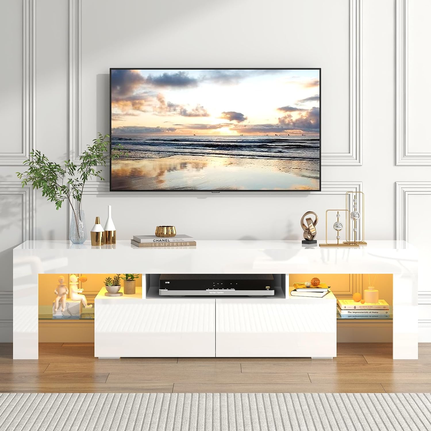 ChVans LED TV Stand for 65/75/85 inch TV, High Glossy Modern Entertainment Center with Drawer and LED Lights