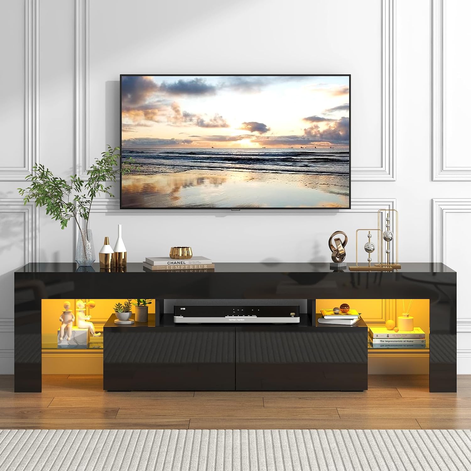 ChVans LED TV Stand for 65/75/85 inch TV, High Glossy Modern Entertainment Center with Drawer and LED Lights