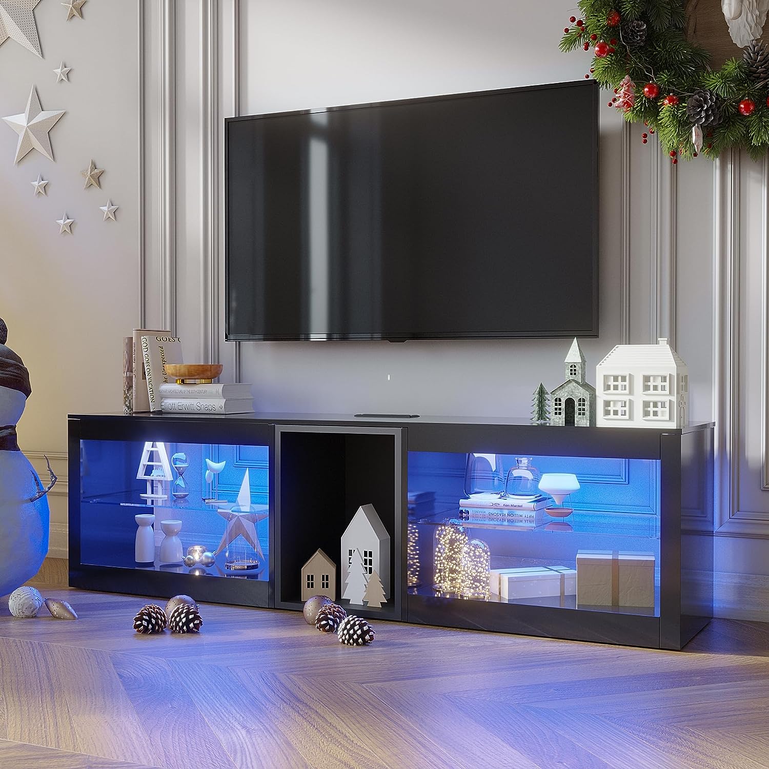 ChVans Modern LED TV Stand for TVs up to 70" with Adjustable LED Lights/Outlet, High Gloss Entertainment Center with Open Shelves Storage, Media Console TV Stands for Living Room, Game room, Bedroom